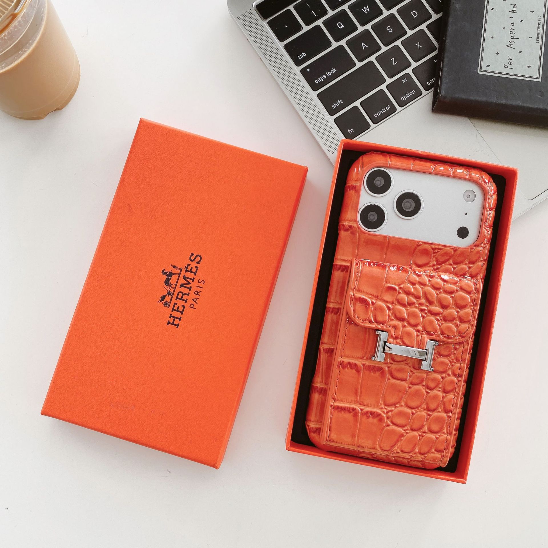Hermès High-Gloss Crocodile Texture Leather iPhone Case