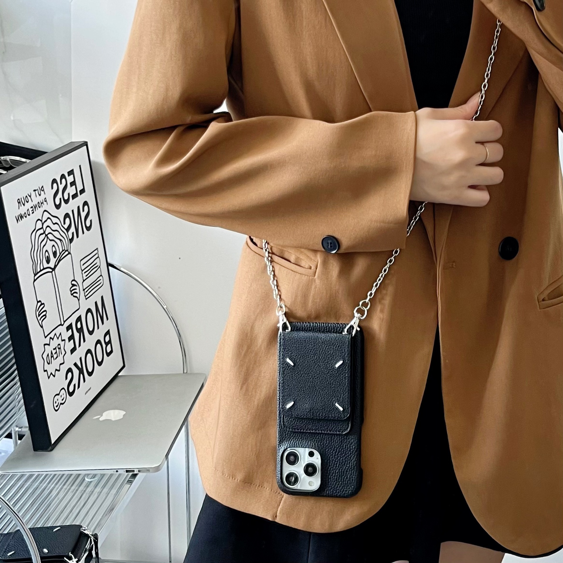 Blcak Luxury Leather M iPhone Wallet Case With Crossbody Strap