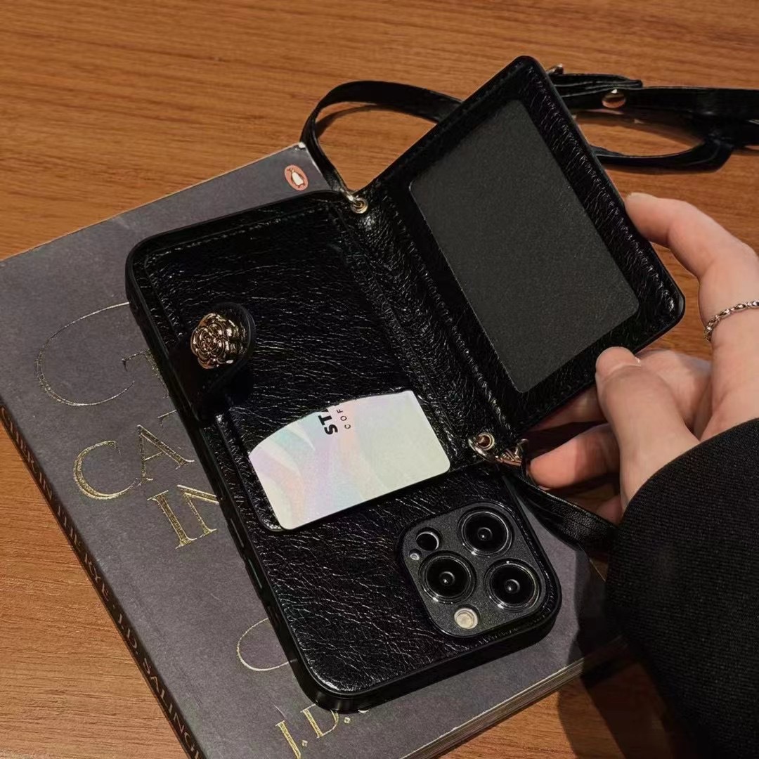 Camellia Luxury Leather CC iPhone Wallet Case With Crossbody Strap 