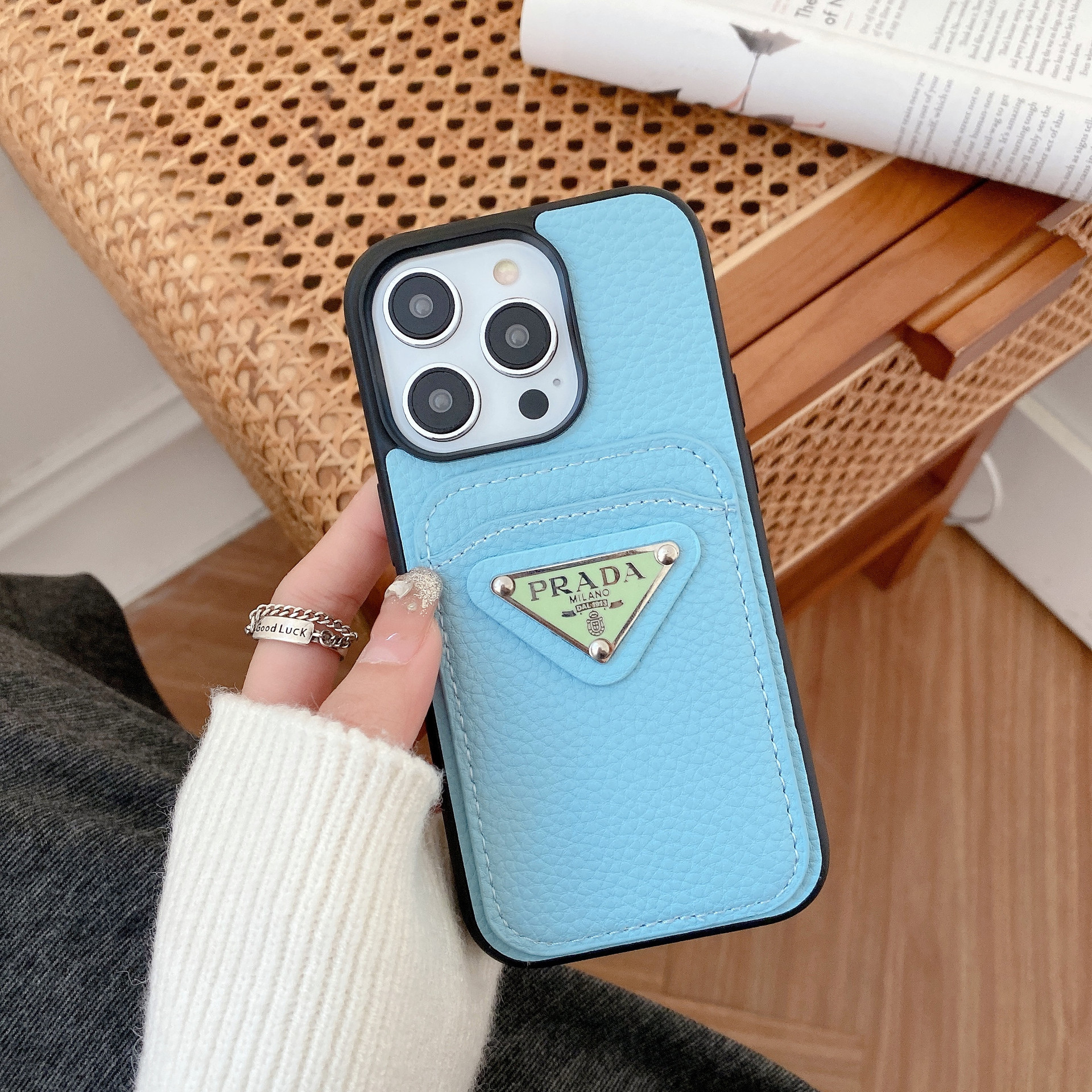 Leather Metal Triangle Label PR iphone Wallet Case