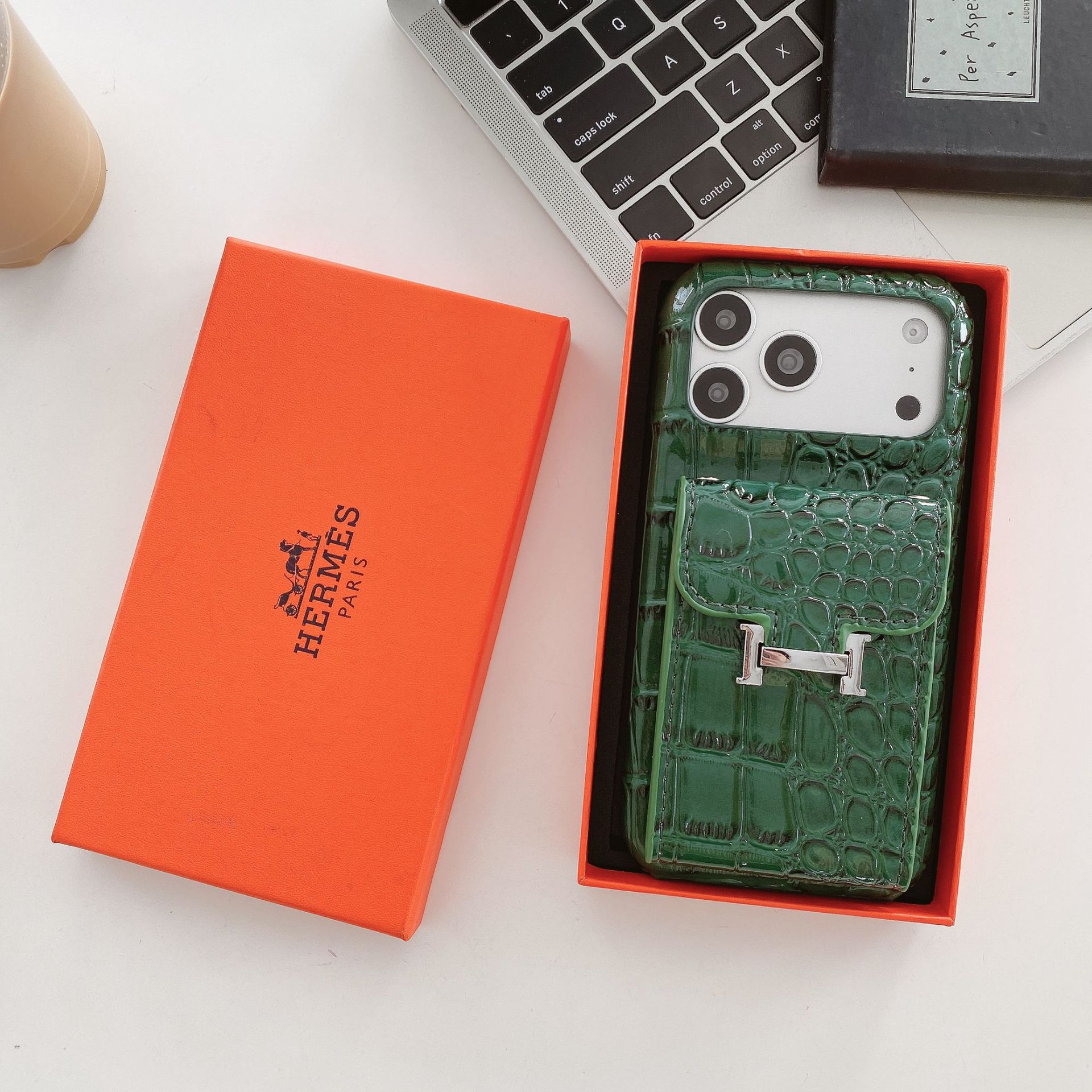 Hermès High-Gloss Crocodile Texture Leather iPhone Case