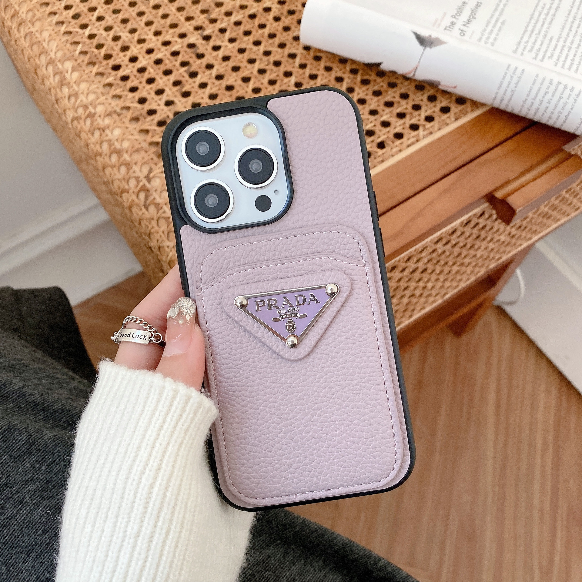 Leather Metal Triangle Label PR iphone Wallet Case