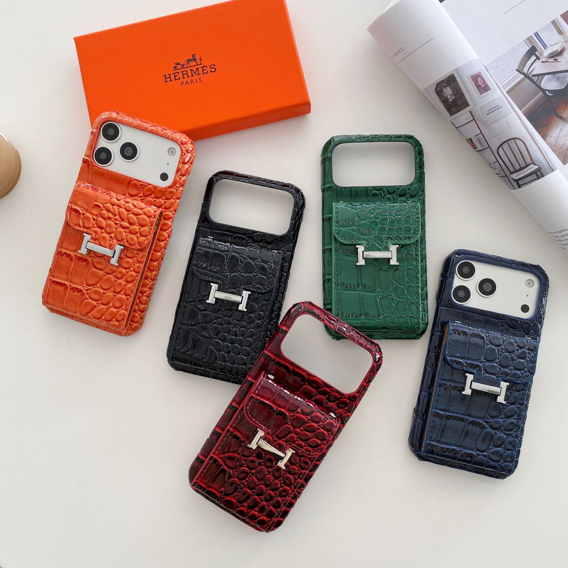 Hermès High-Gloss Crocodile Texture Leather iPhone Case