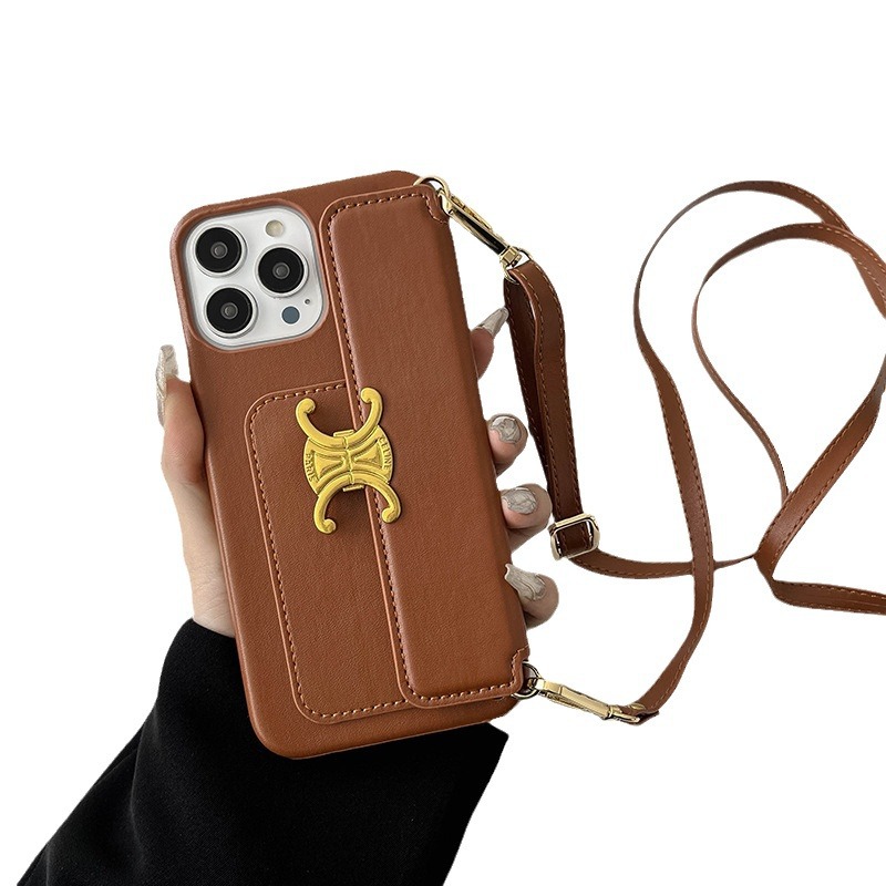 Luxurious Leather CL iPhone Wallet Case With Crossbody Strap