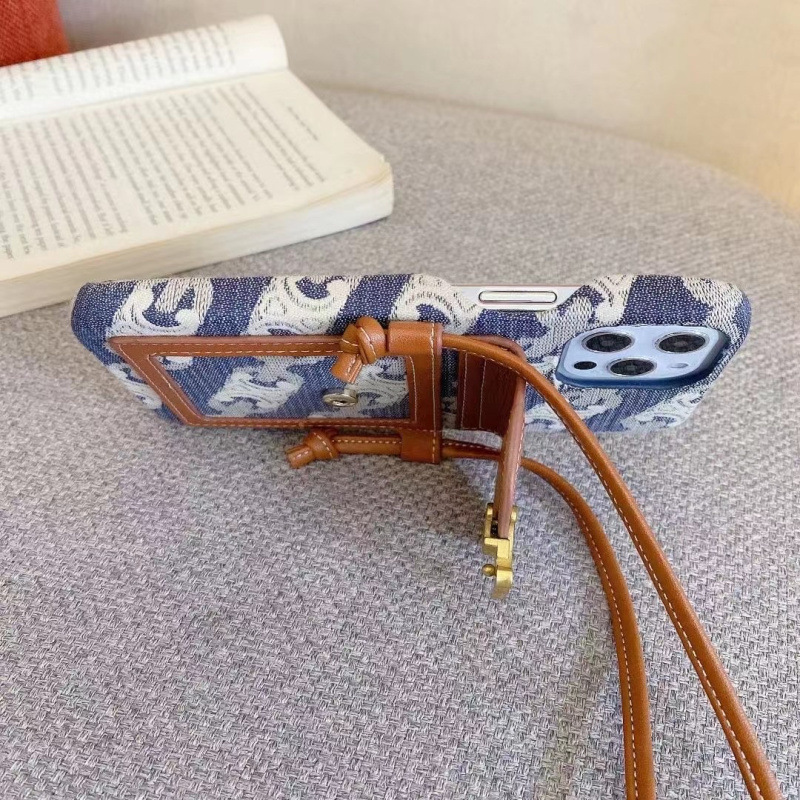 Celine Luxurious Leather iPhone Wallet Case With Crossbody Strap