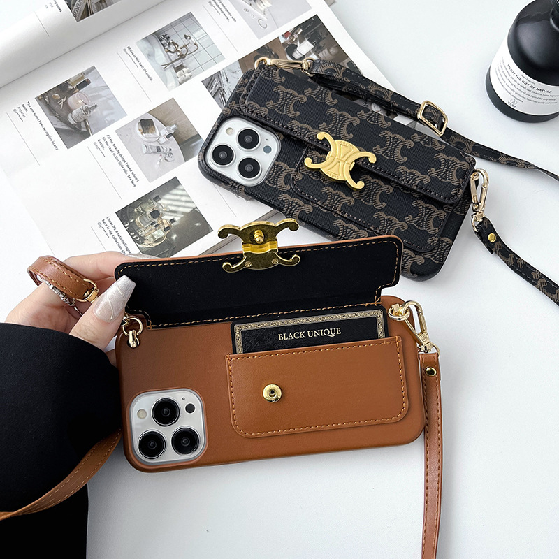 Luxurious Leather CL iPhone Wallet Case With Crossbody Strap