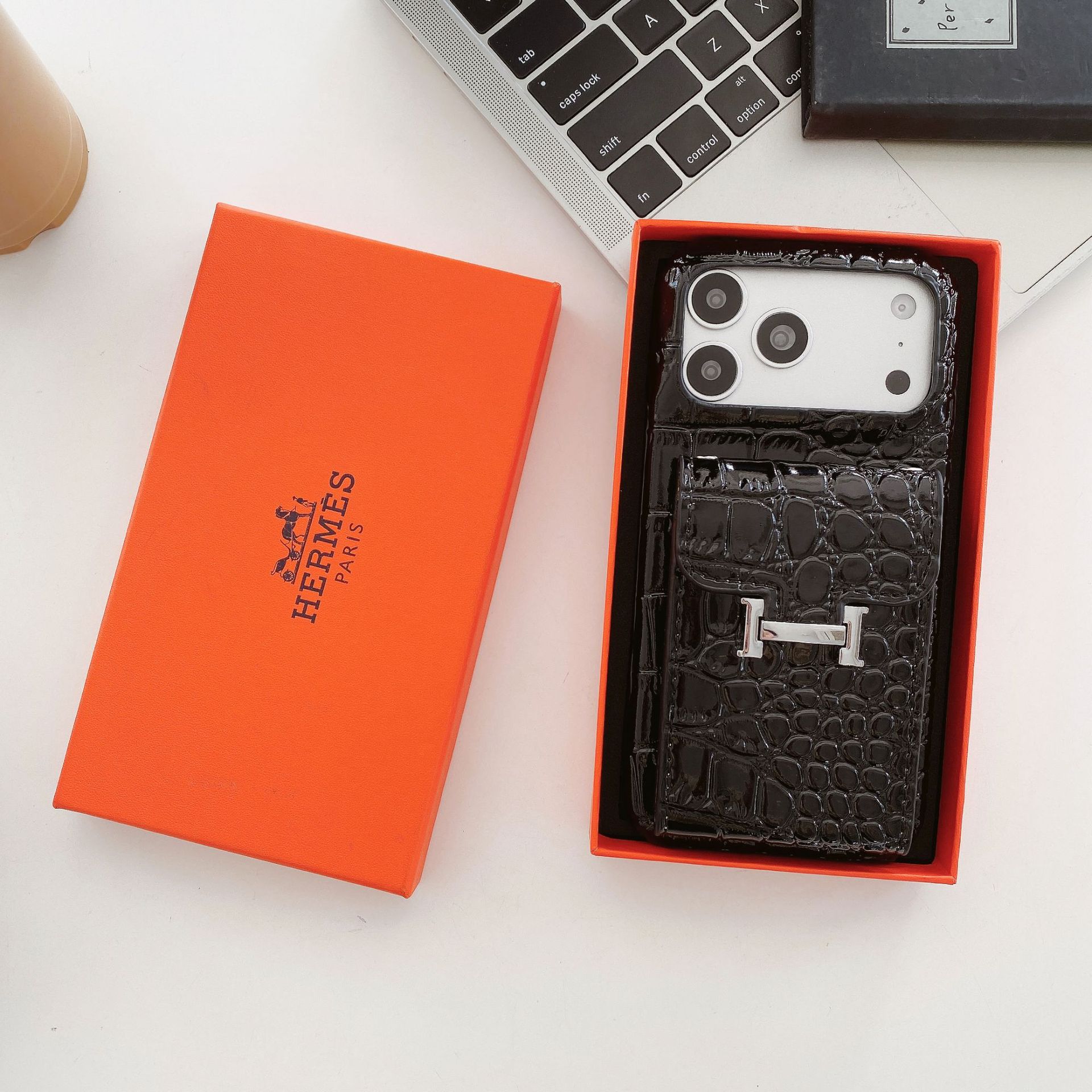 Hermès High-Gloss Crocodile Texture Leather iPhone Case