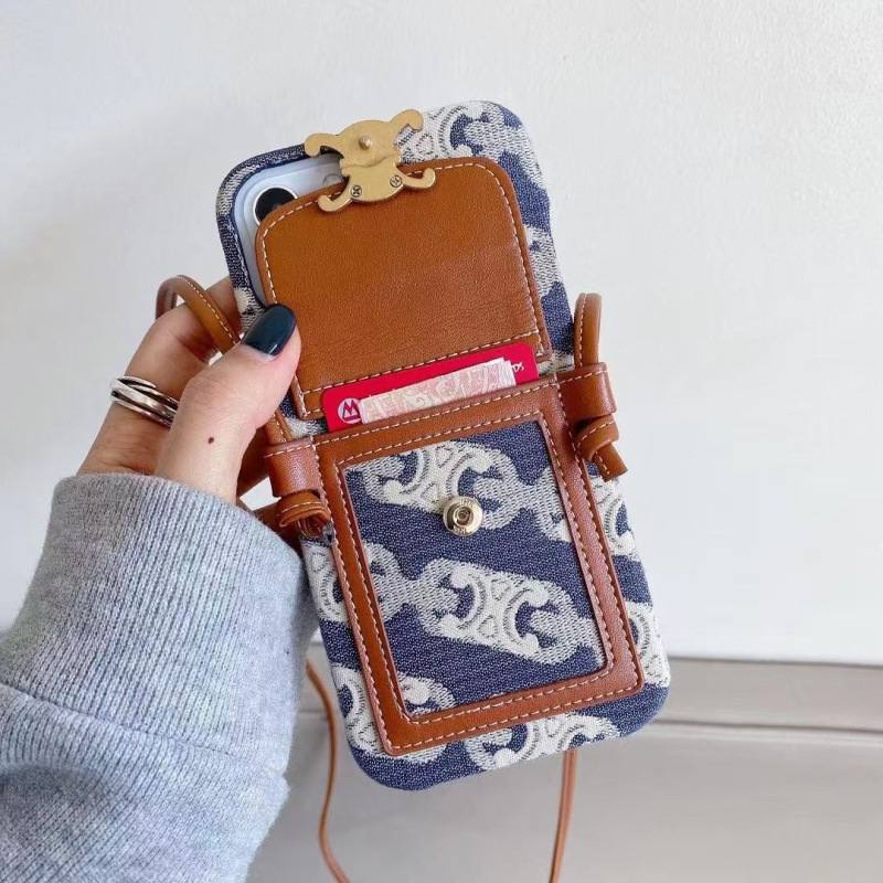 Celine Luxurious Leather iPhone Wallet Case With Crossbody Strap