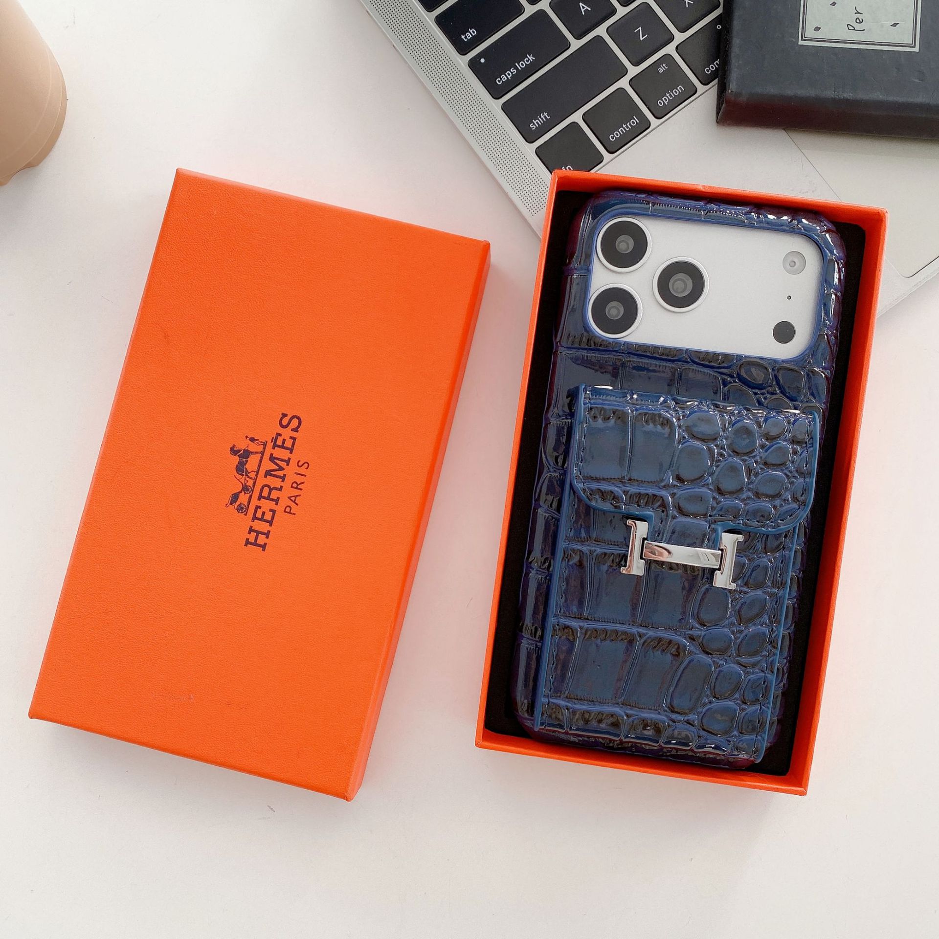 Hermès High-Gloss Crocodile Texture Leather iPhone Case