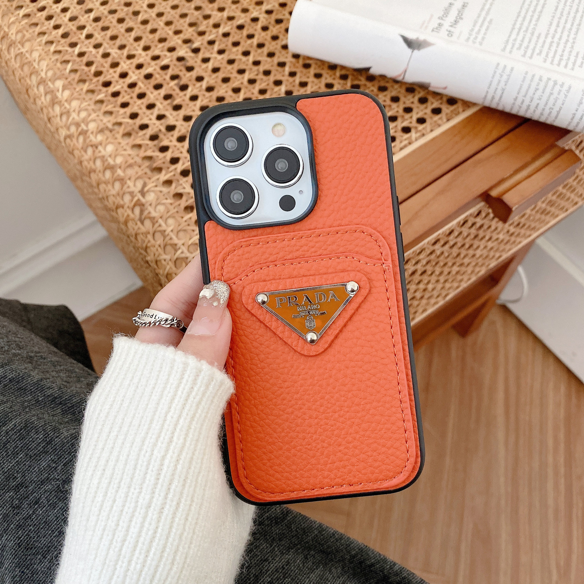 Leather Metal Triangle Label PR iphone Wallet Case