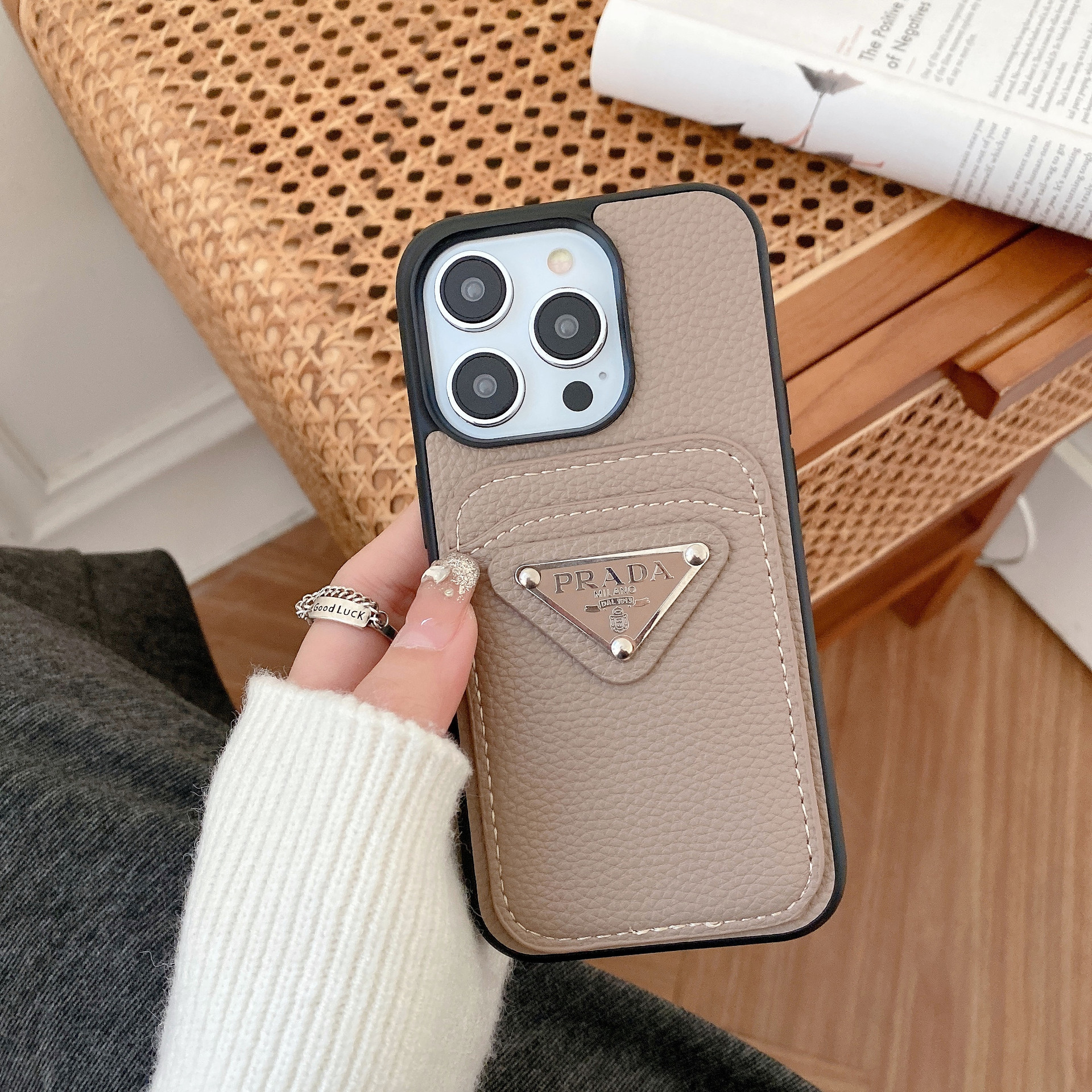 Leather Metal Triangle Label PR iphone Wallet Case