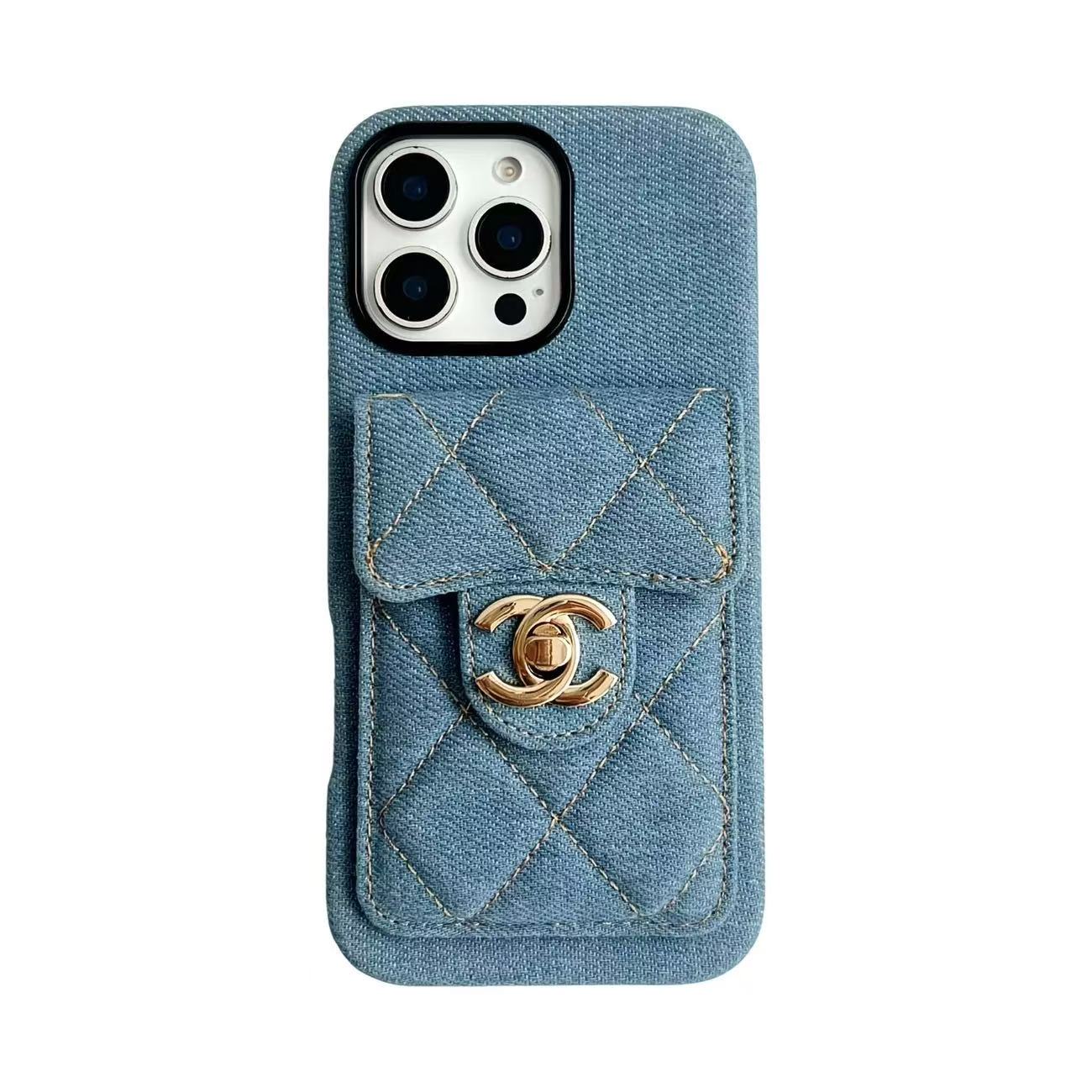 Chanel Denim Canvas iPhone Wallet Case With Crossbody Strap / Handkerchief