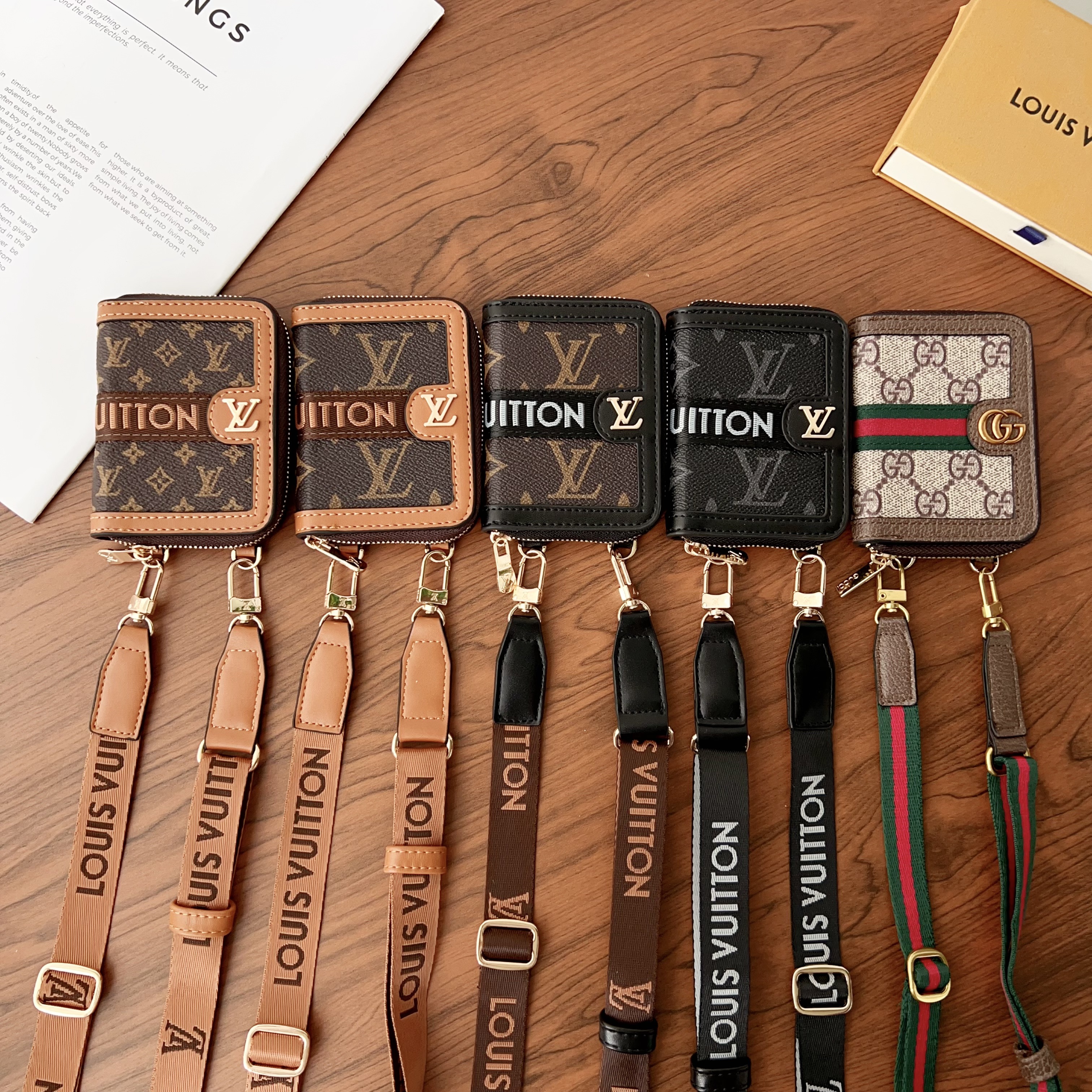 Luxury Leather  Zipper Wallet Card Holder & Coin Purse With  Crossbody Strap