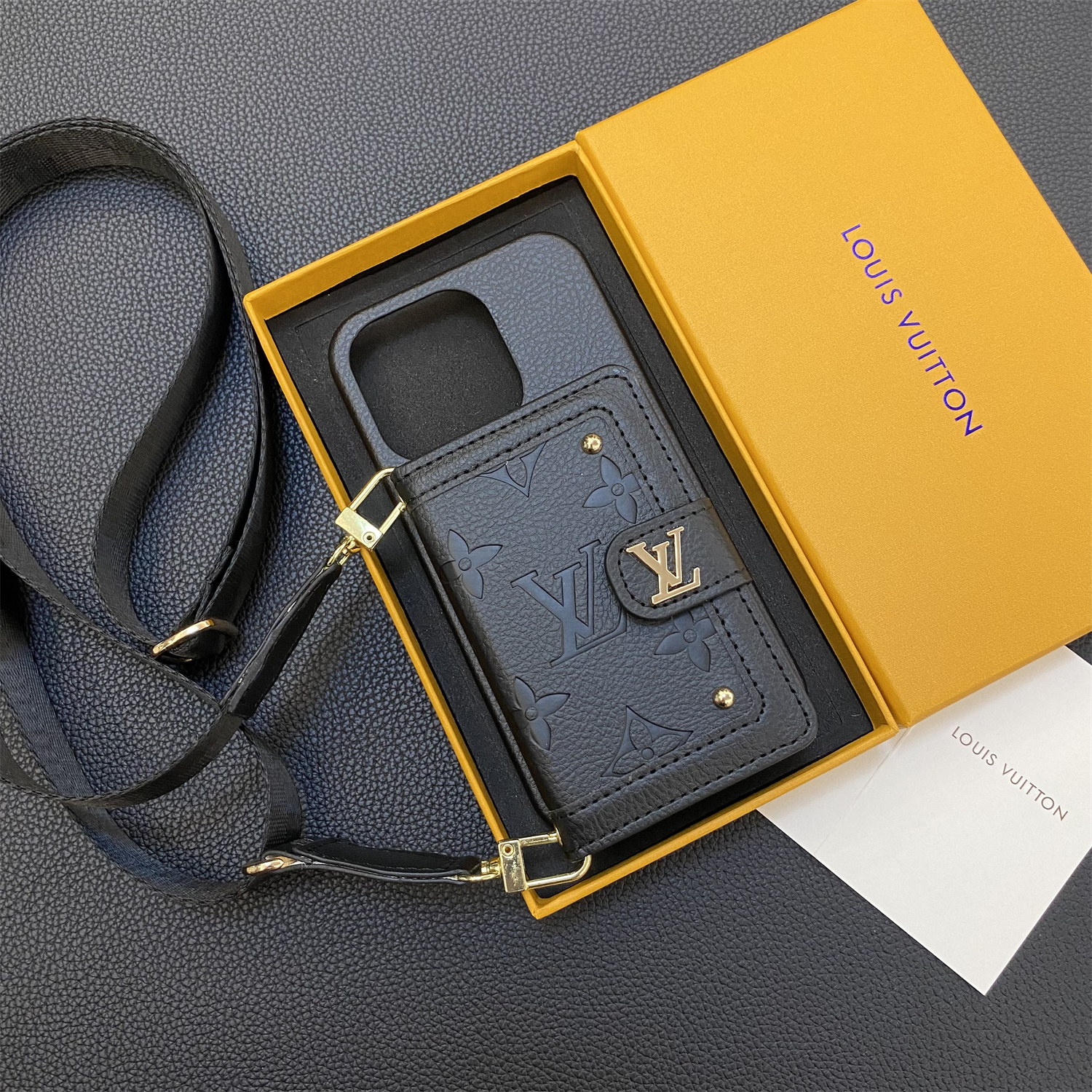 Louis Vuitton Vintage Monogram Leather iPhone Wallet Case With Crossbody Strap