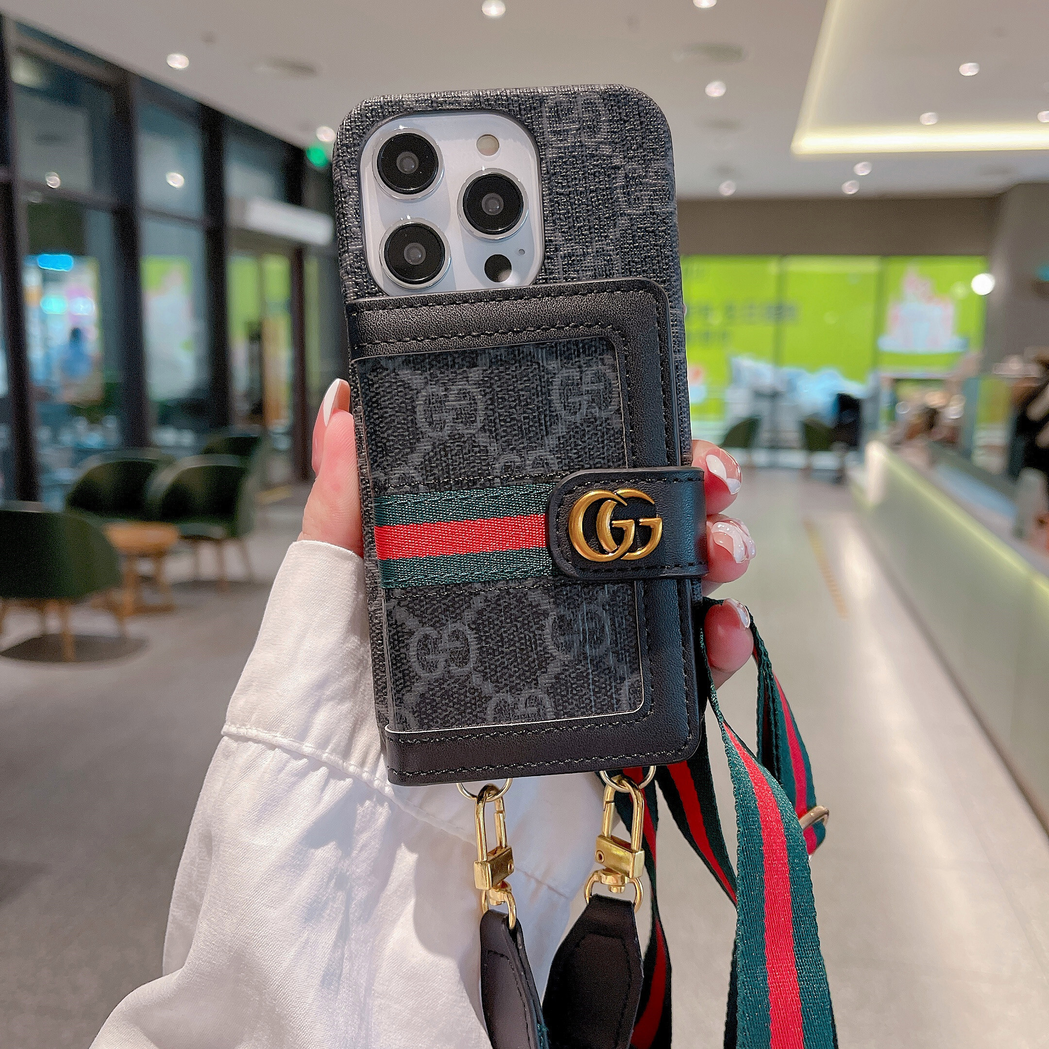 Gucci Leather iPhone Wallet Case With Crossbody Strap 