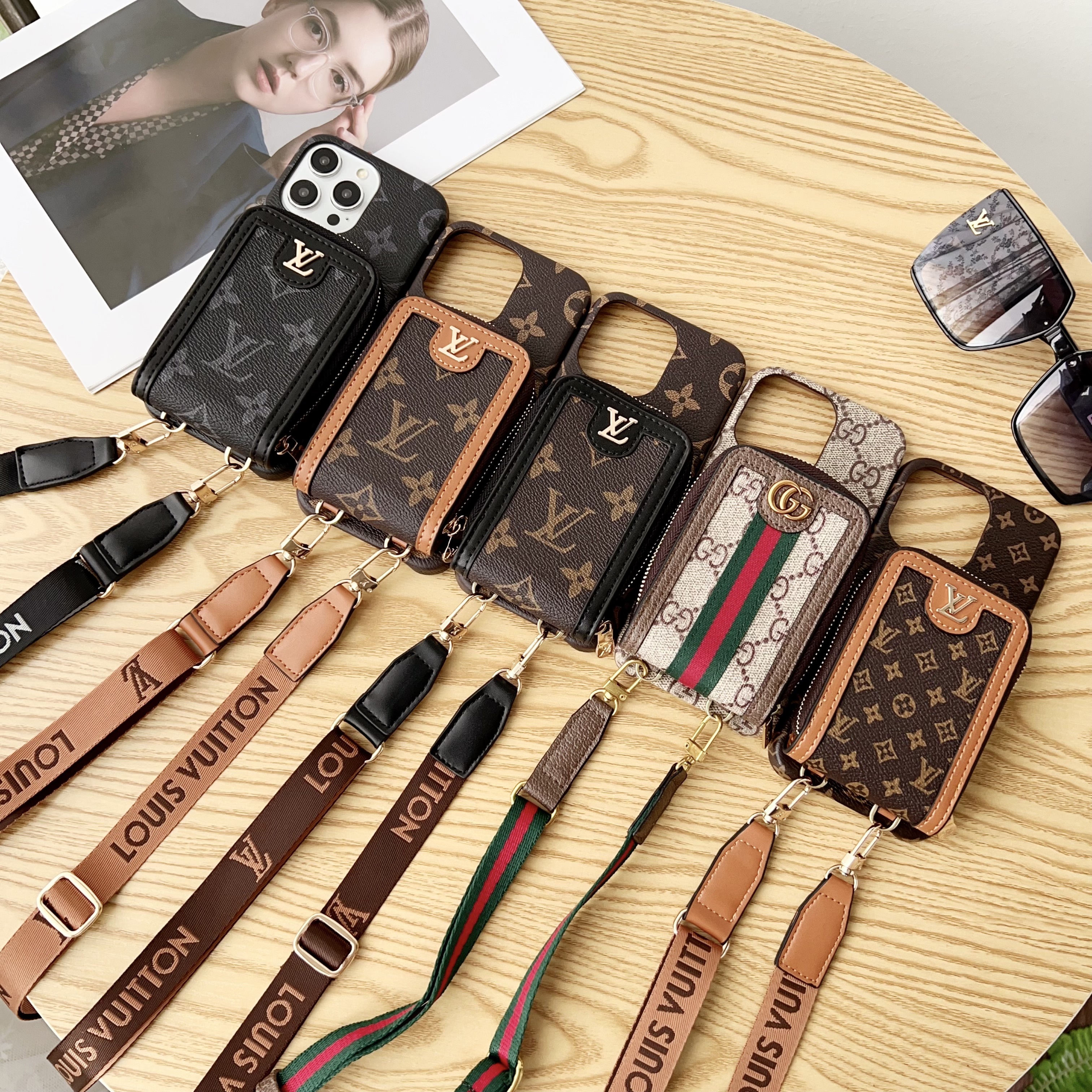 Louis Vuitton,Gucci Monogram Leather iPhone Zipper Wallet Case with Crossbody Strap