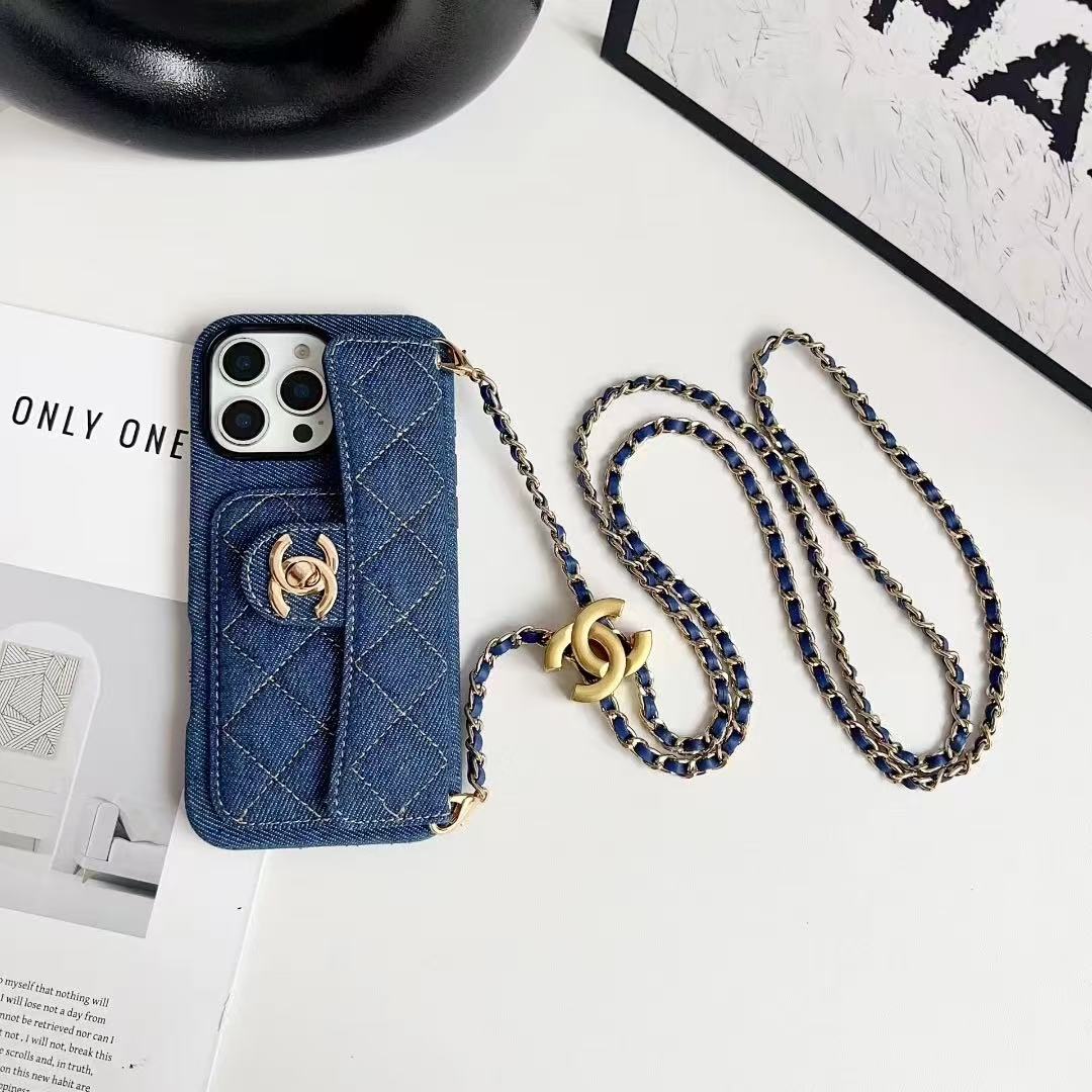 Chanel Denim Canvas iPhone Wallet Case With Crossbody Strap / Handkerchief
