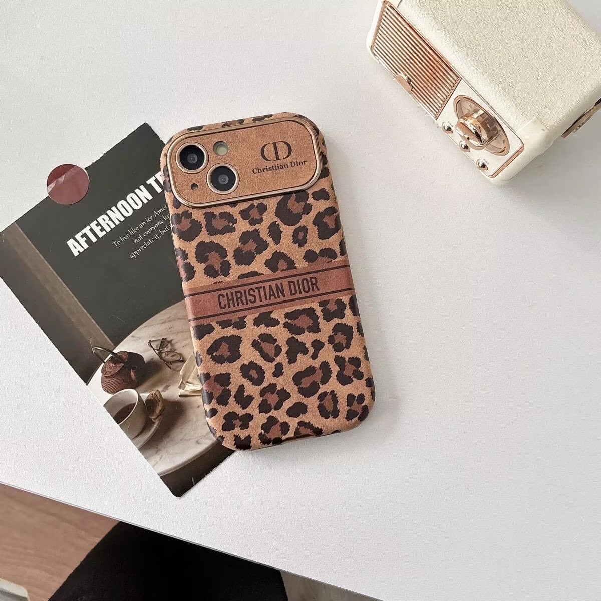 Dior Leopard Velvet Vintage Leather iPhone Case