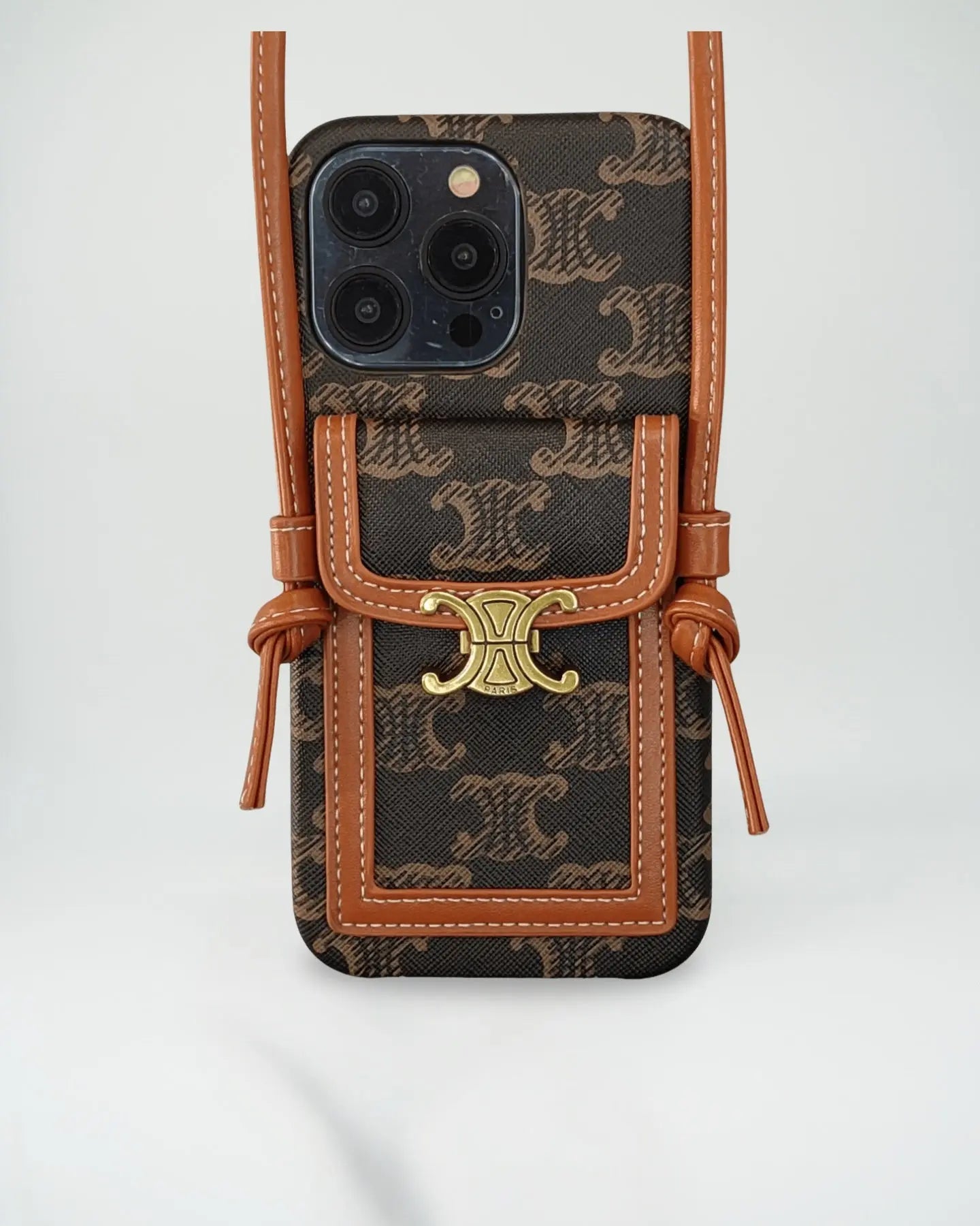 Celine Luxurious Leather iPhone Wallet Case With Crossbody Strap