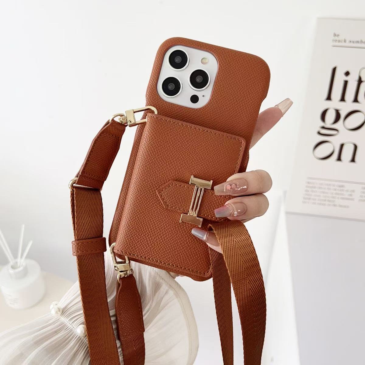 Classic H Leather iPhone Wallet Case With Crossbody Strap