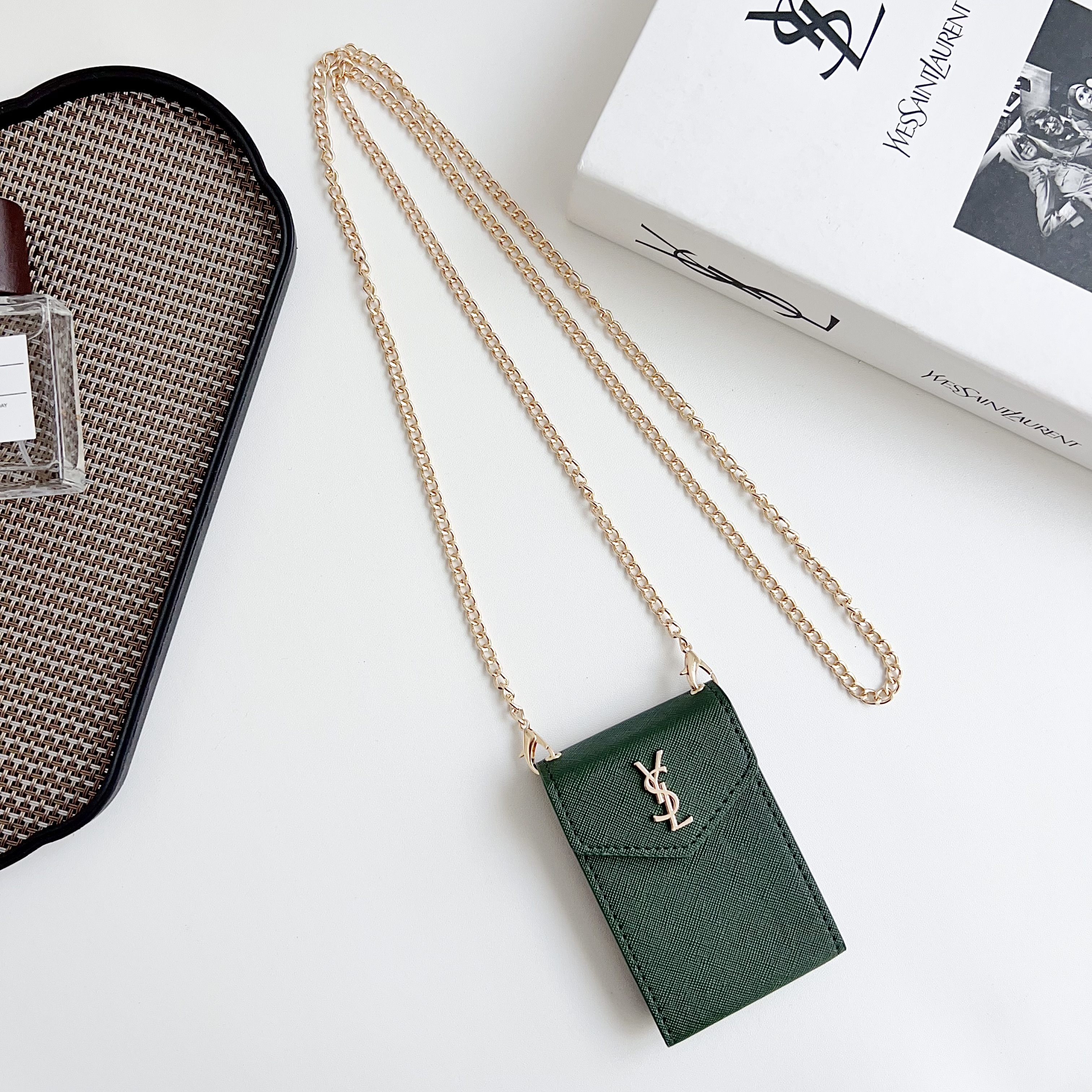 YSL leather Wallet Card Holder with crossbody chain