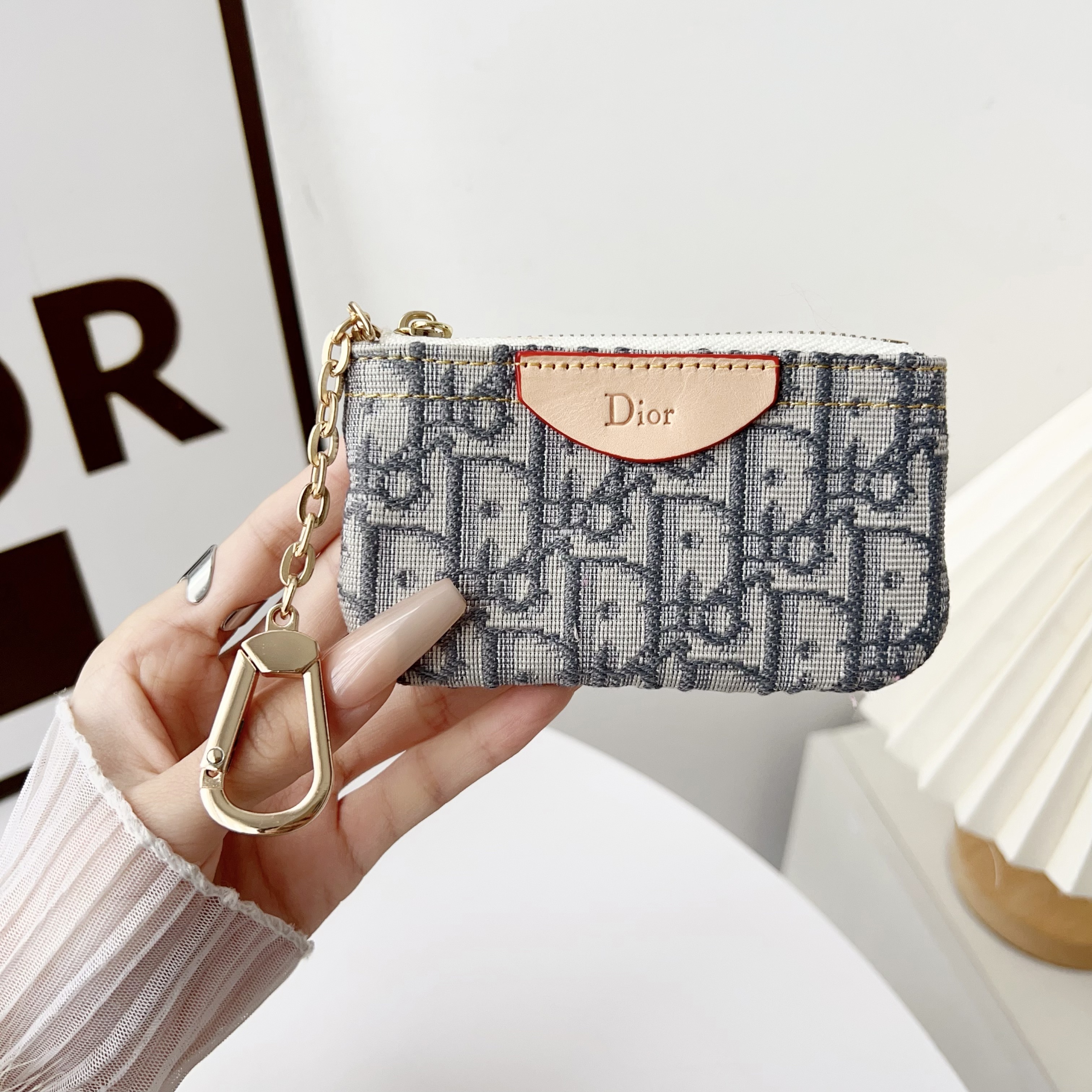 Dior Denim Canvas Coin Purse with Zipper & Keychain