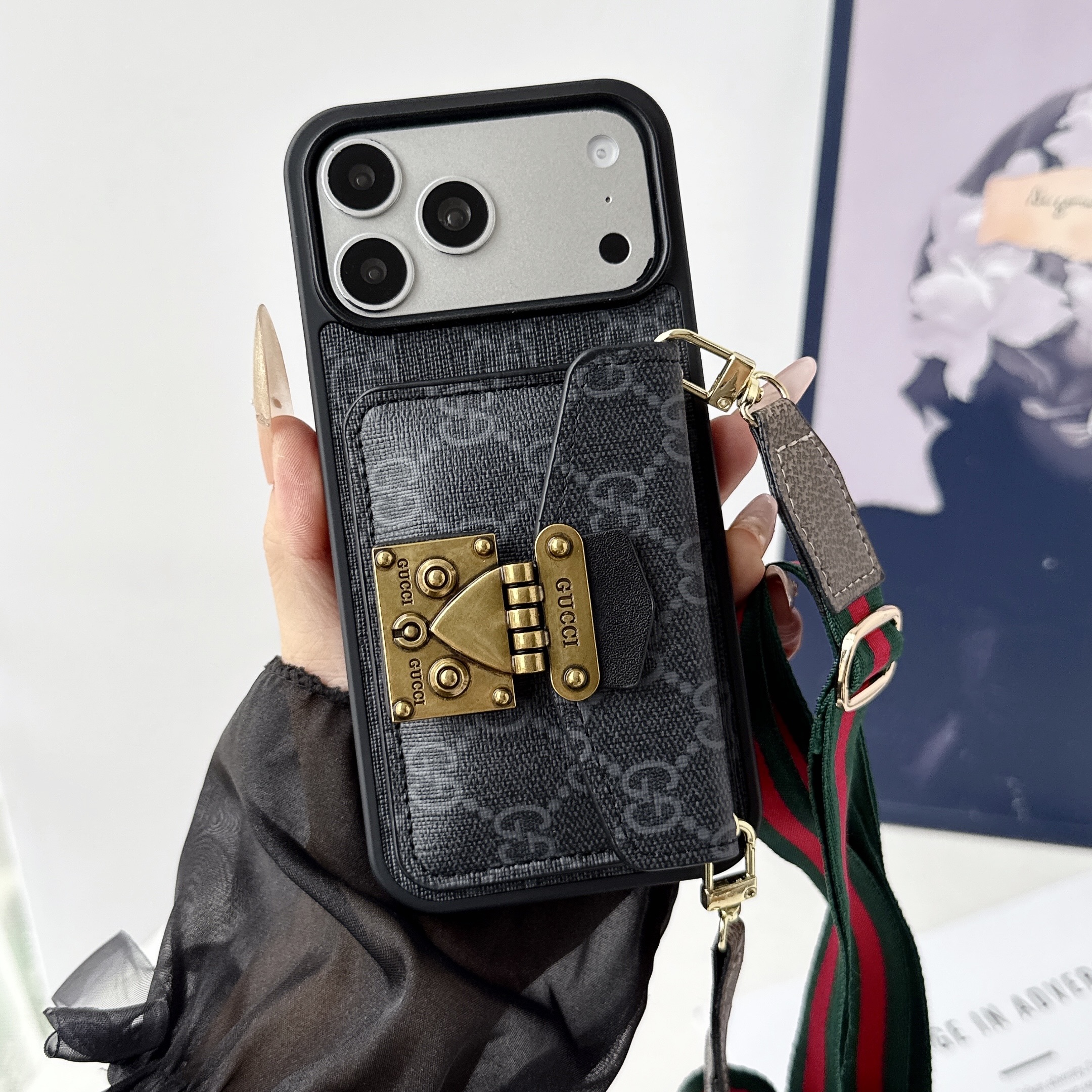 Louis Vuitton,Gucci Vintage Monogram Leather iPhone Wallet Case With Crossbody Strap