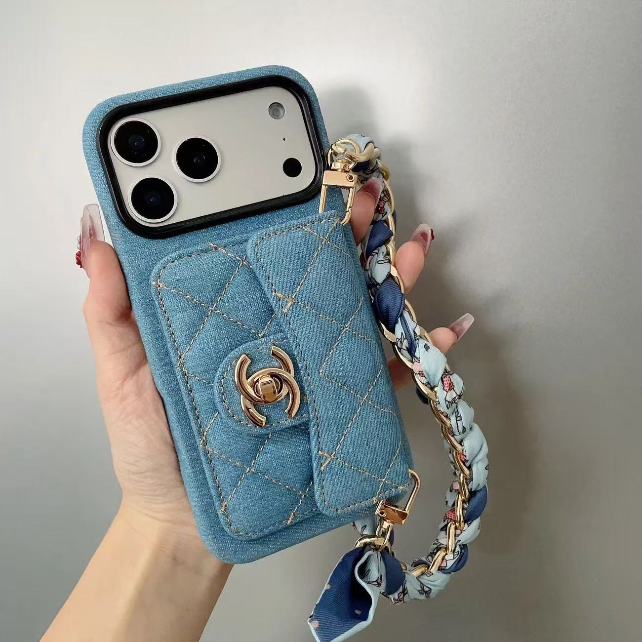 Chanel Denim Canvas iPhone Wallet Case With Crossbody Strap / Handkerchief
