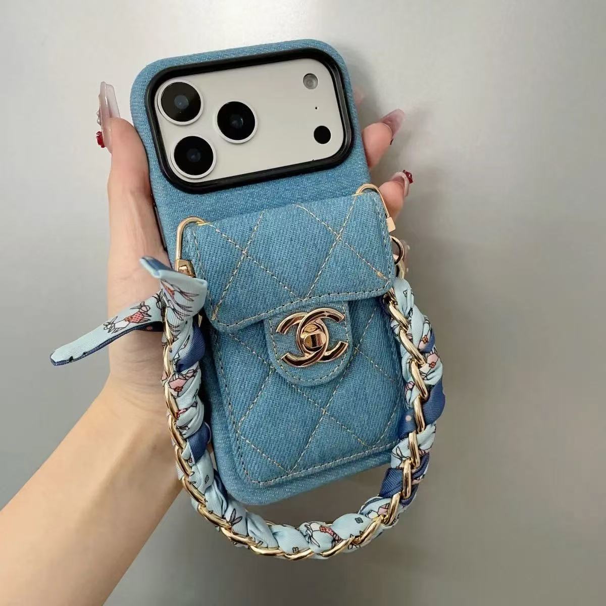 Chanel Denim Canvas iPhone Wallet Case With Crossbody Strap / Handkerchief