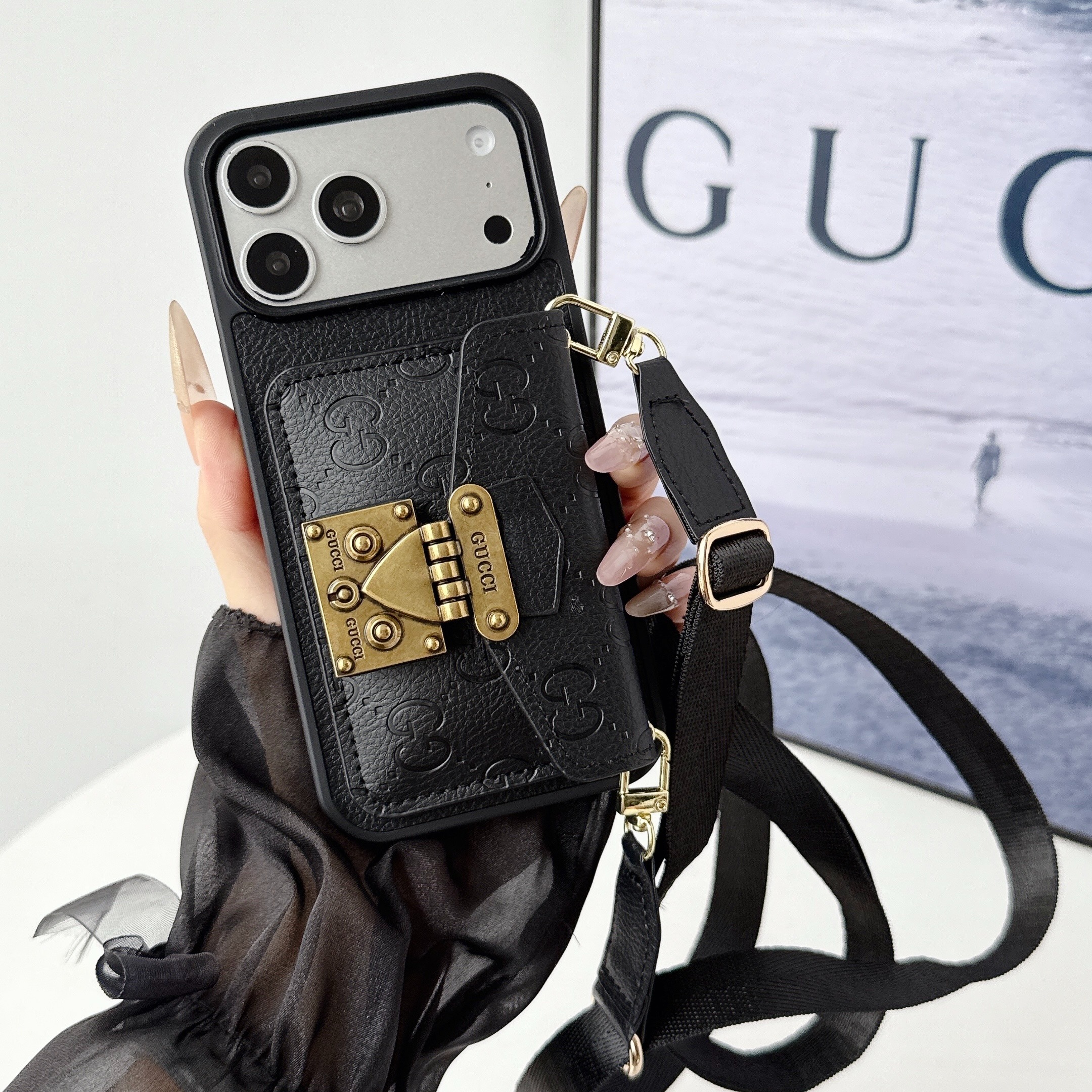 Gucci Leather iPhone Wallet Case with Crossbody Strap