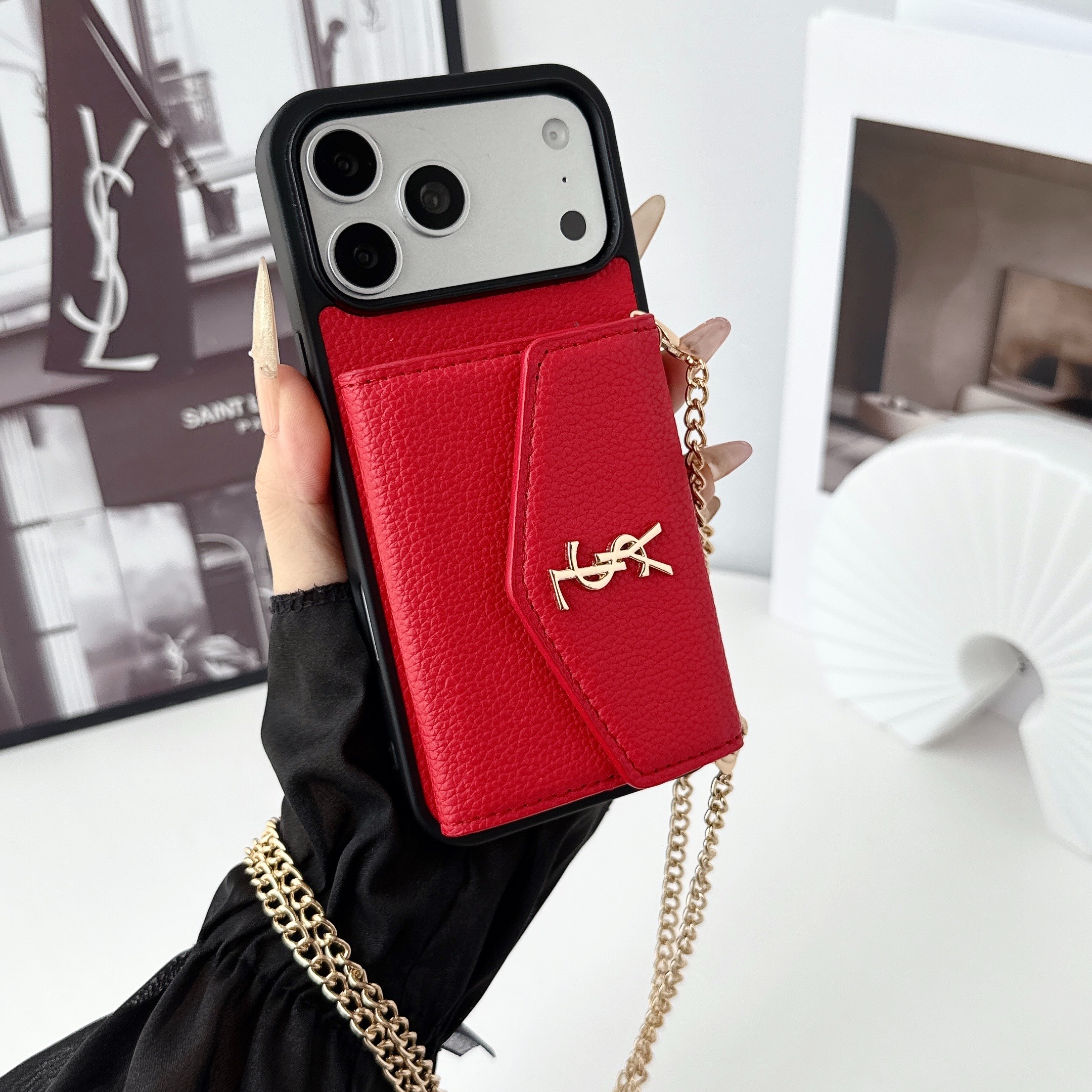 YSL Leather iPhone Wallet Case with Metal Crossbody Strap