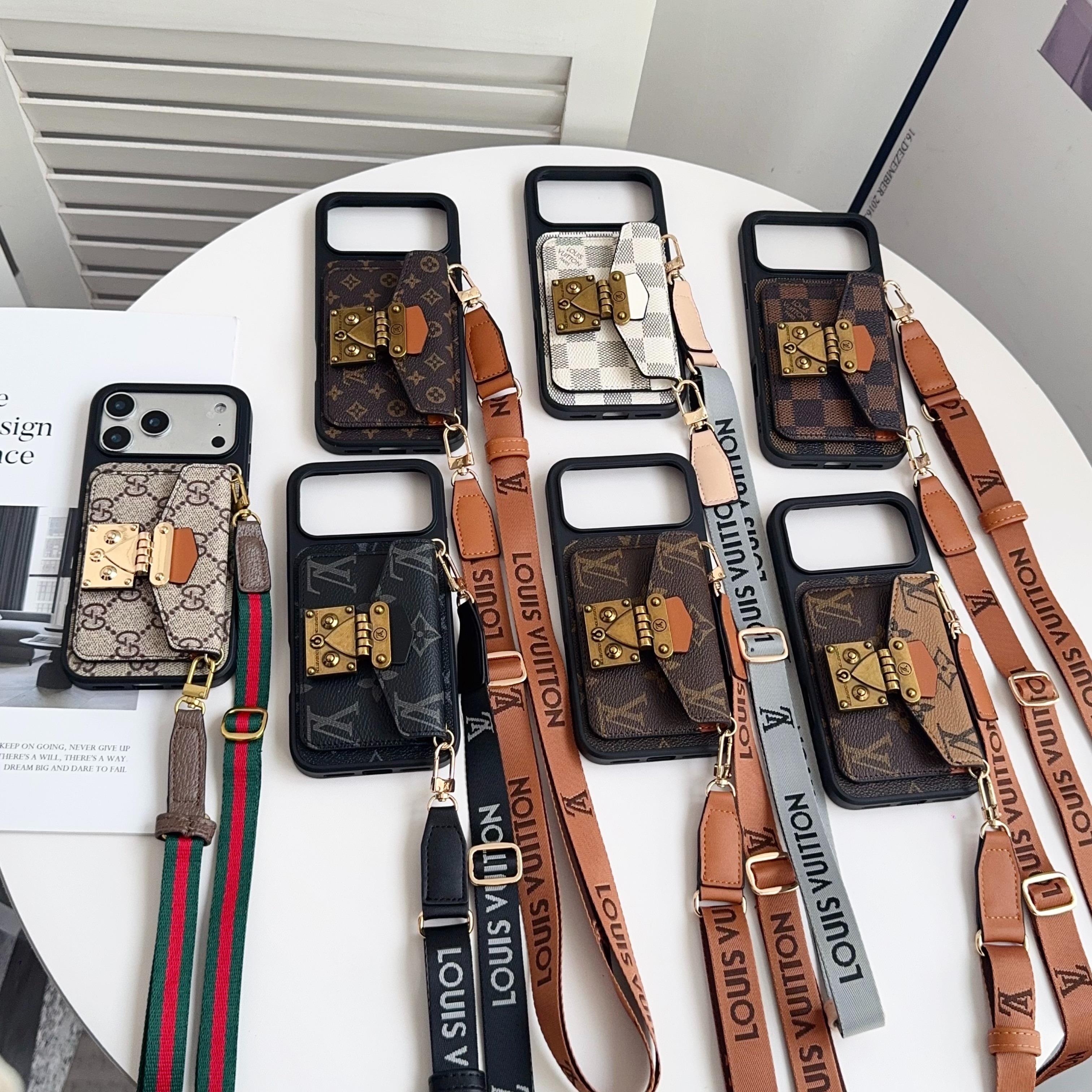 Louis Vuitton,Gucci Vintage Monogram Leather iPhone Wallet Case With Crossbody Strap