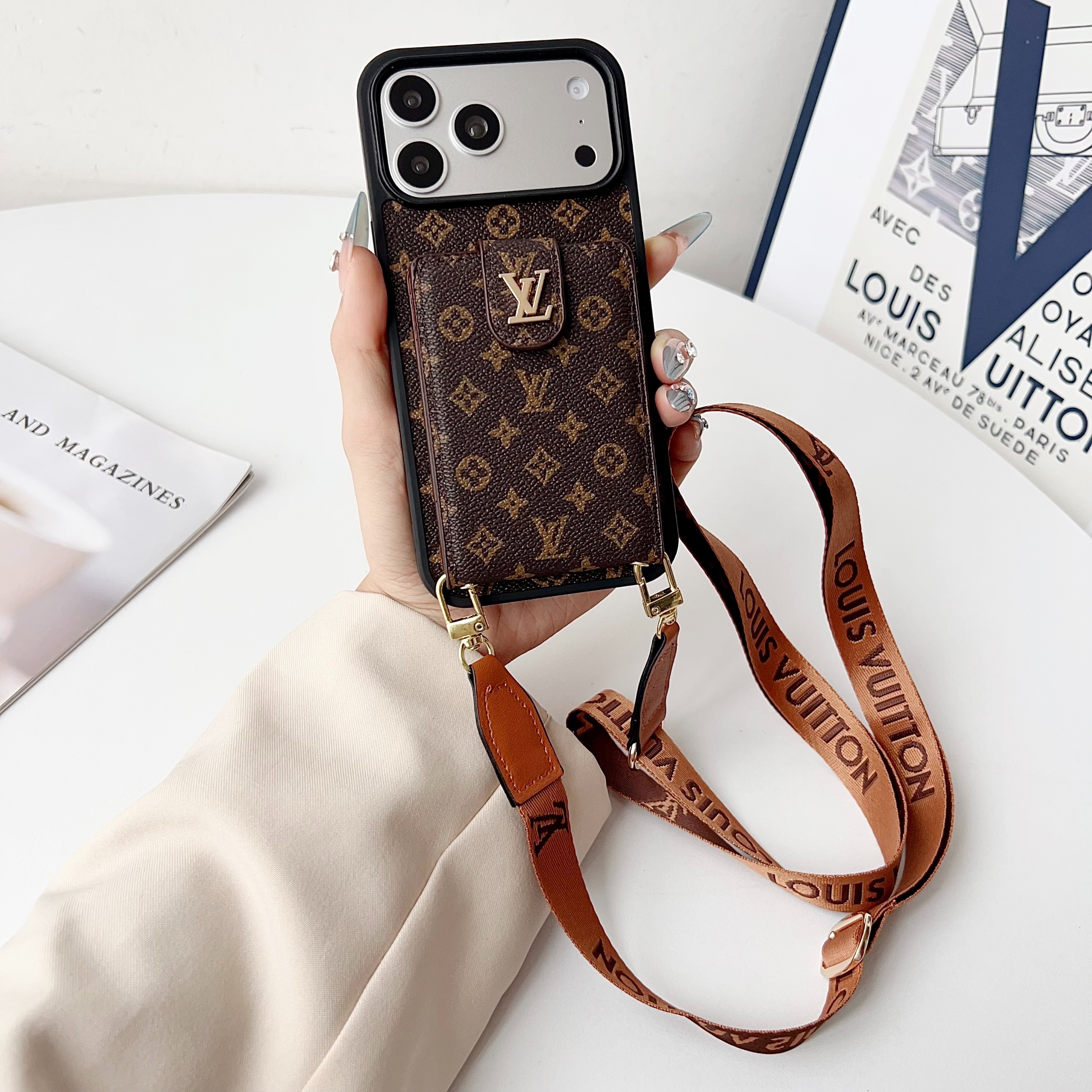 Louis Vuitton Vintage Monogram Leather iPhone Wallet Case With Crossbody Strap
