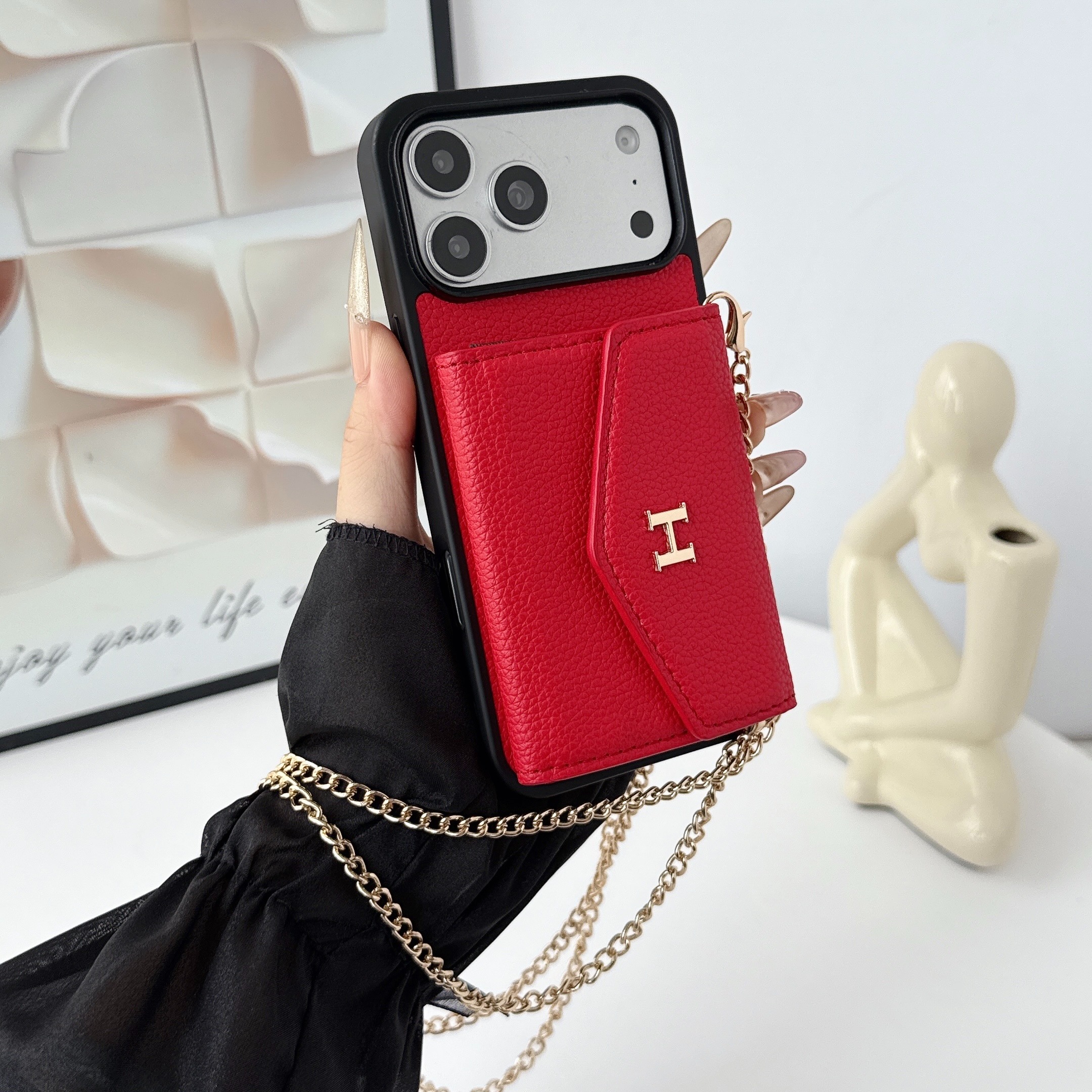 Hermès Leather iPhone Wallet Case with Metal Crossbody Strap