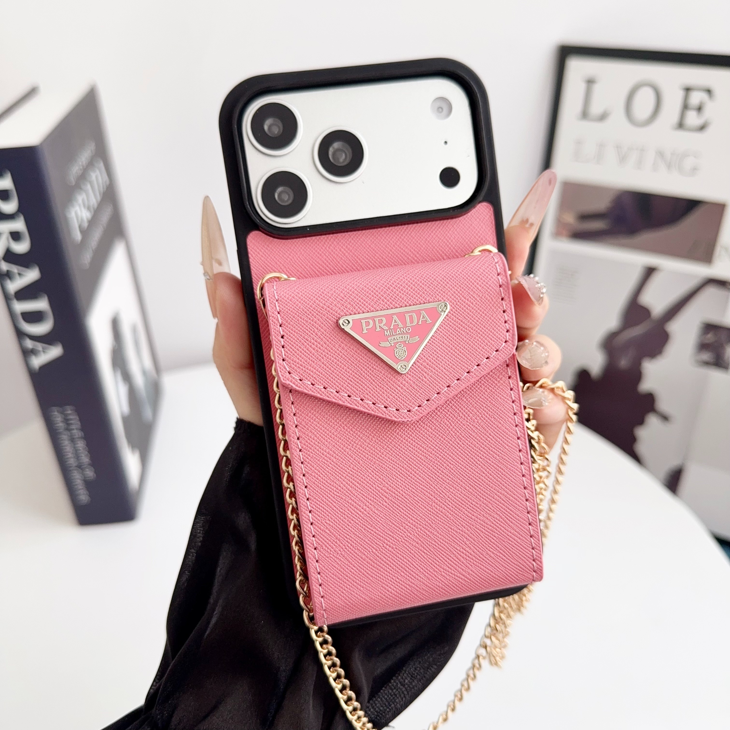 Prada Leather iPhone Wallet Case with Metal Crossbody Strap