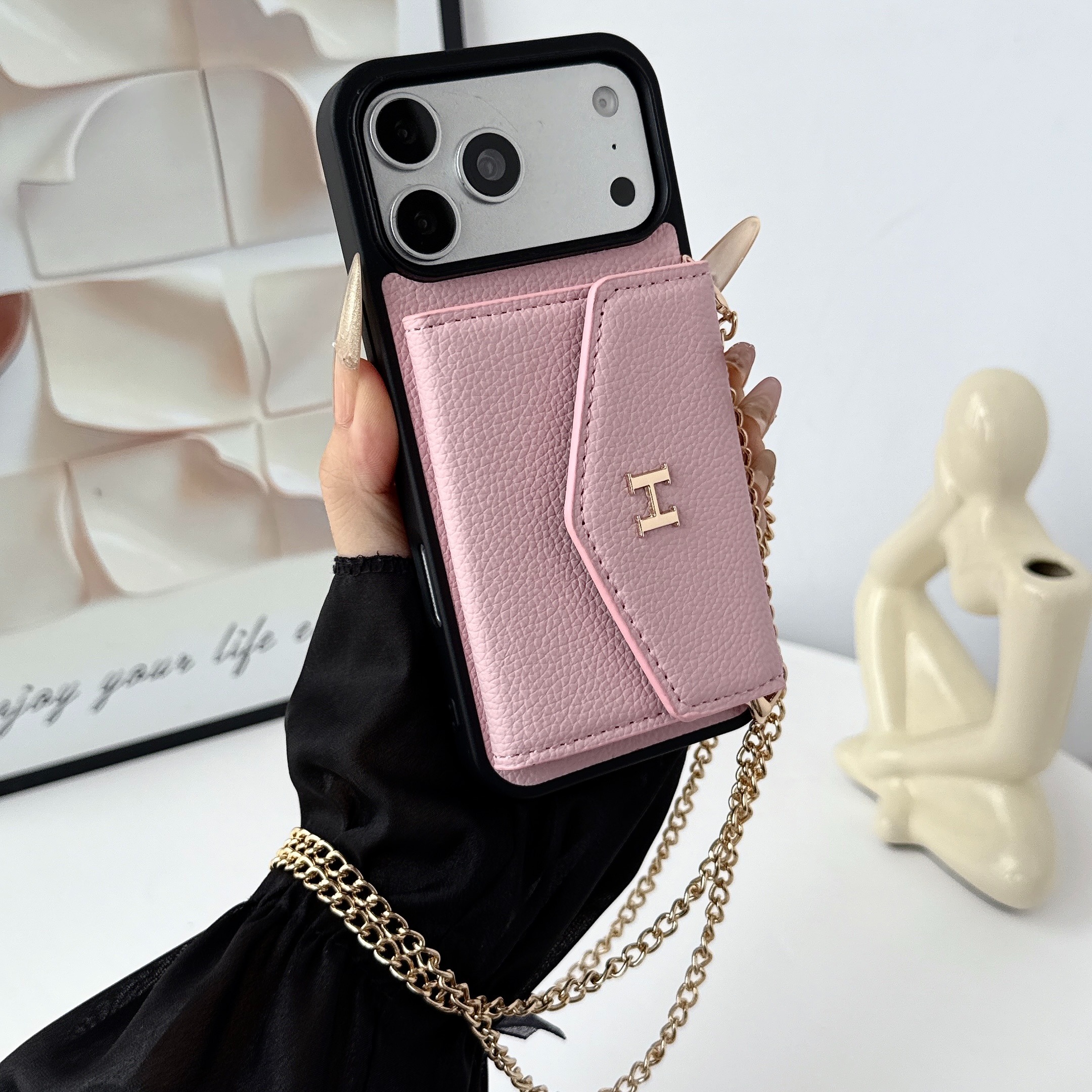 Hermès Leather iPhone Wallet Case with Metal Crossbody Strap