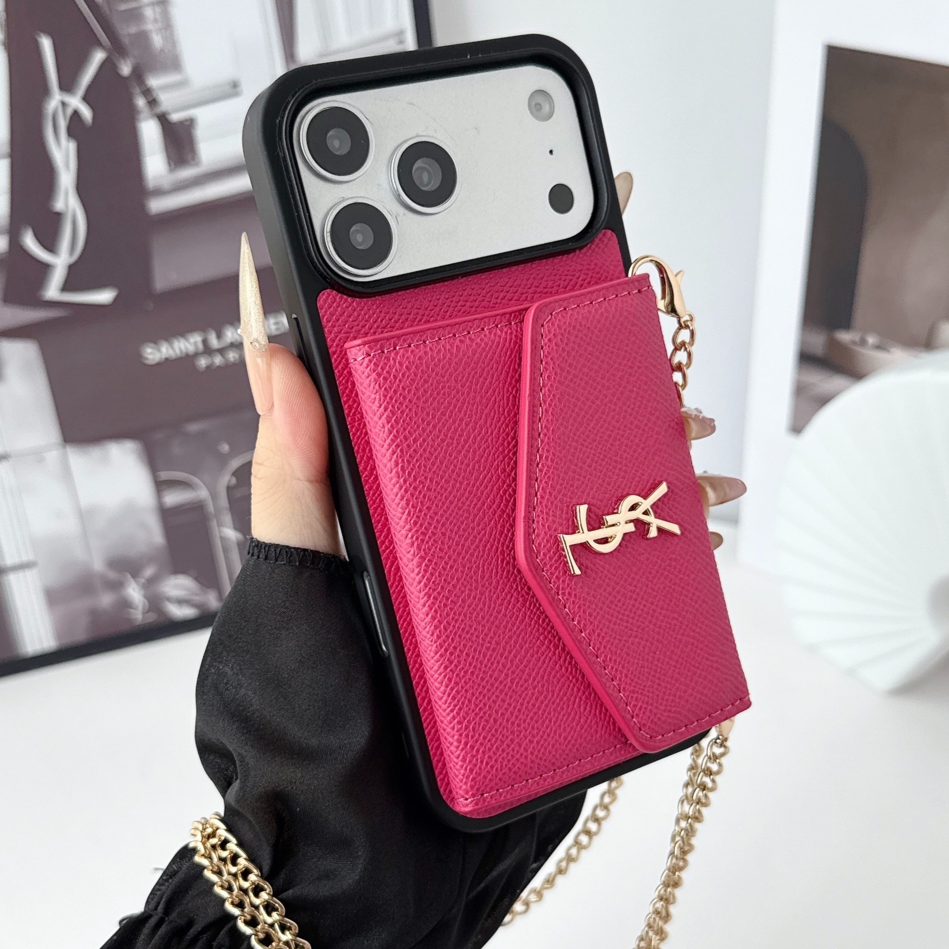 YSL Leather iPhone Wallet Case with Metal Crossbody Strap