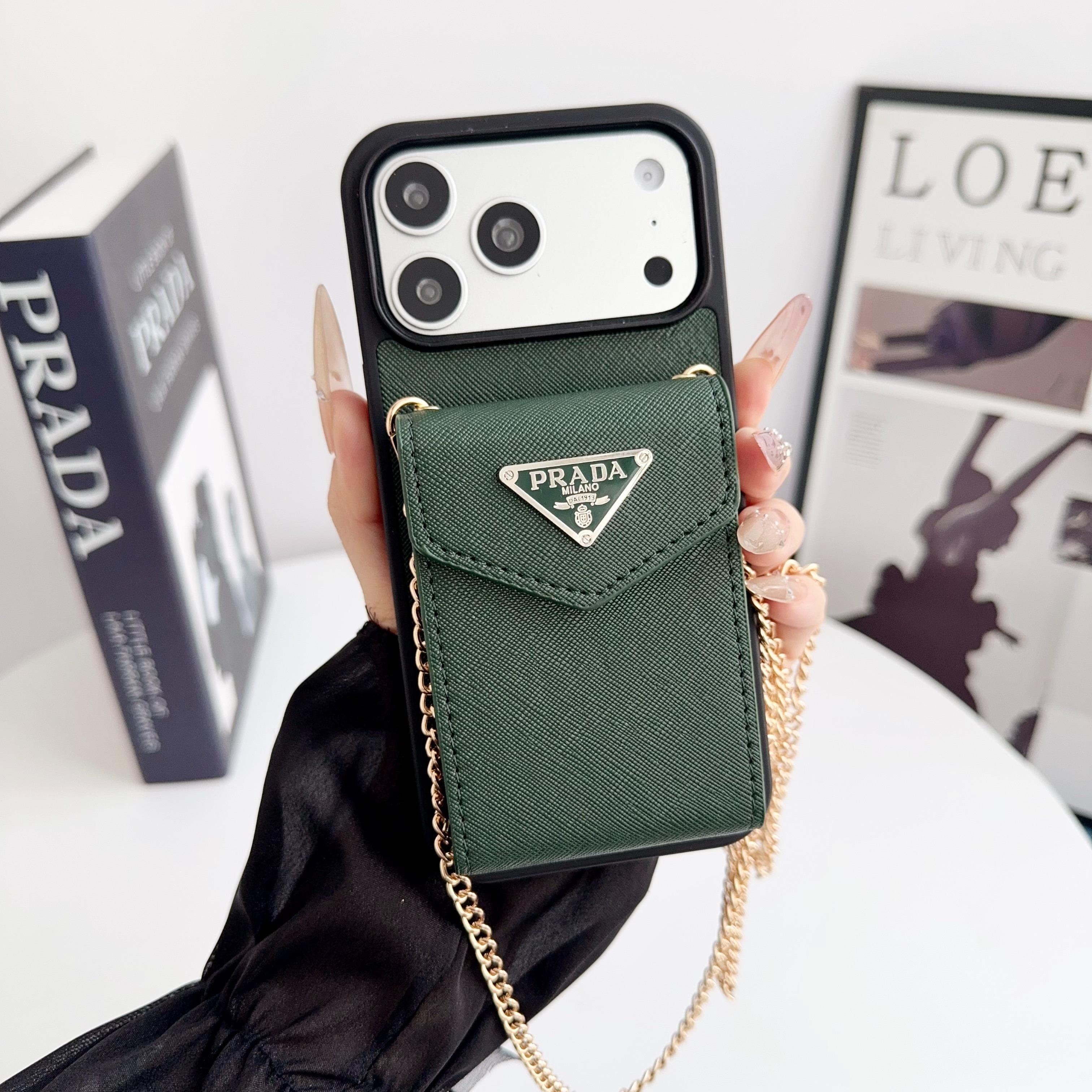 Prada Leather iPhone Wallet Case with Metal Crossbody Strap