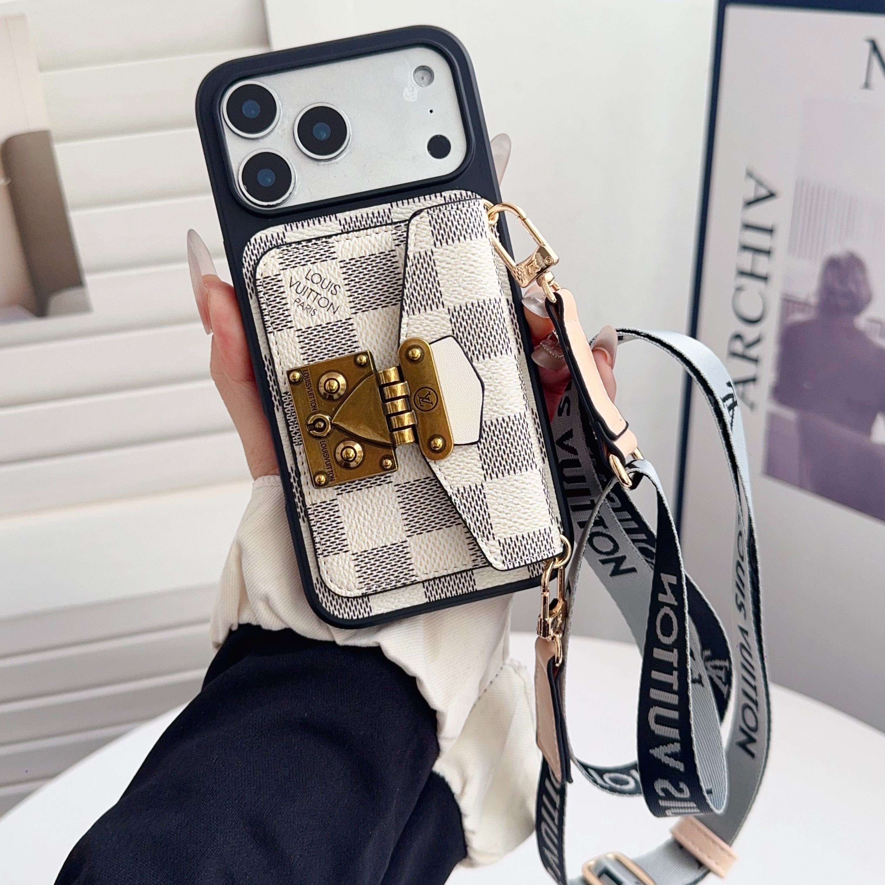 Louis Vuitton,Gucci Vintage Monogram Leather iPhone Wallet Case With Crossbody Strap