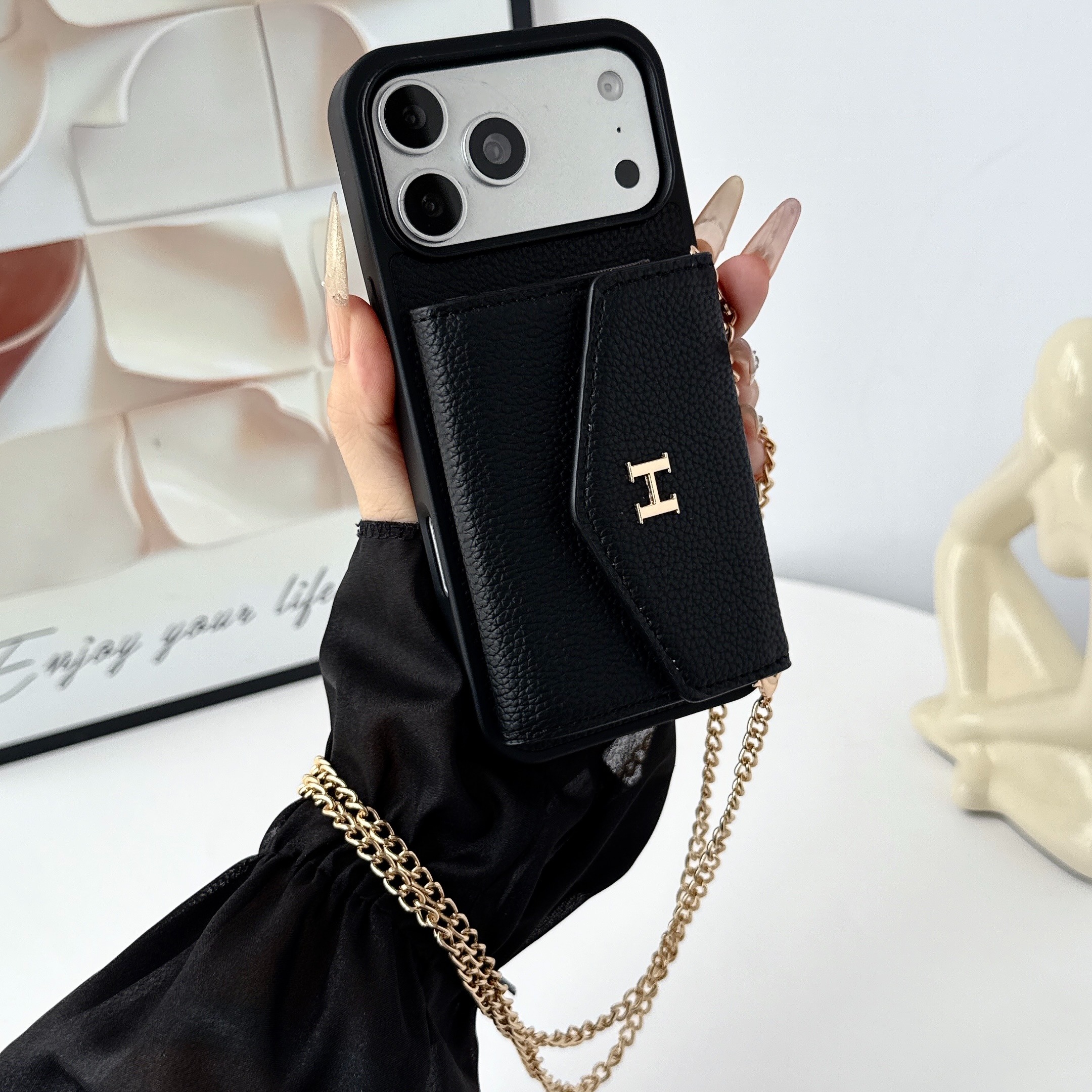 Hermès Leather iPhone Wallet Case with Metal Crossbody Strap
