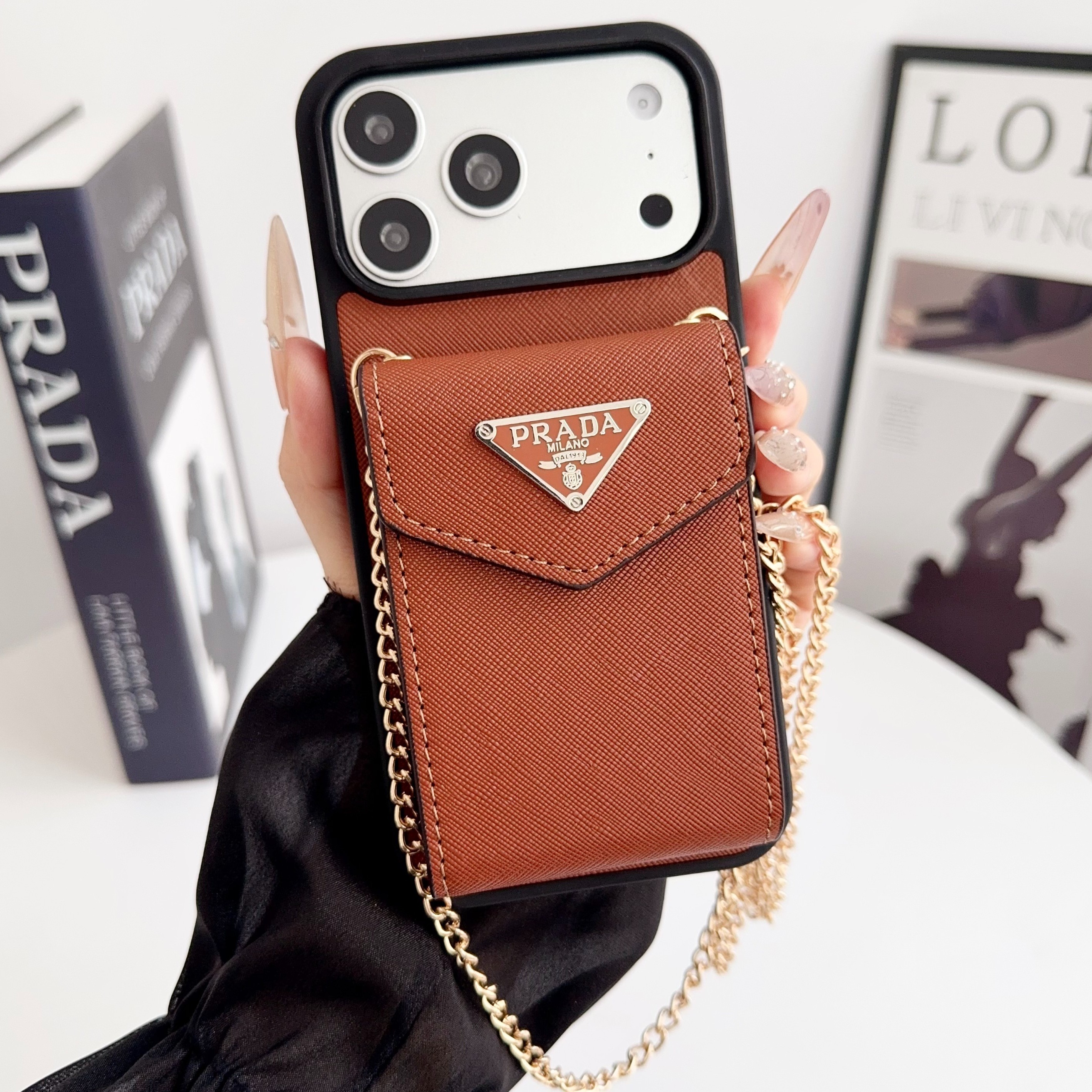 Prada Leather iPhone Wallet Case with Metal Crossbody Strap