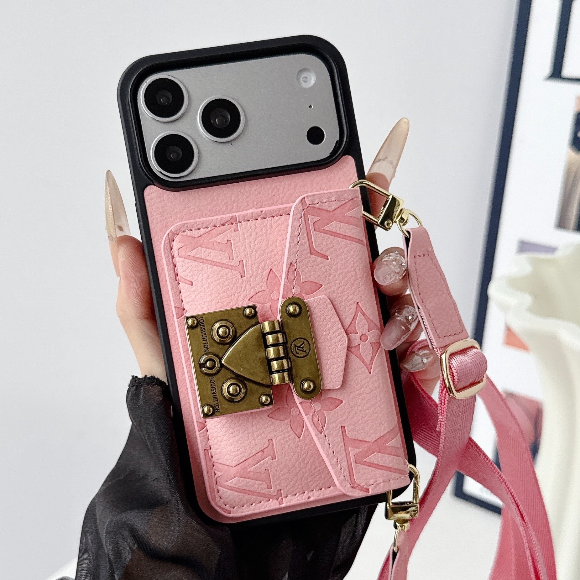 Louis Vuitton Leather iPhone Wallet Case with Crossbody Strap