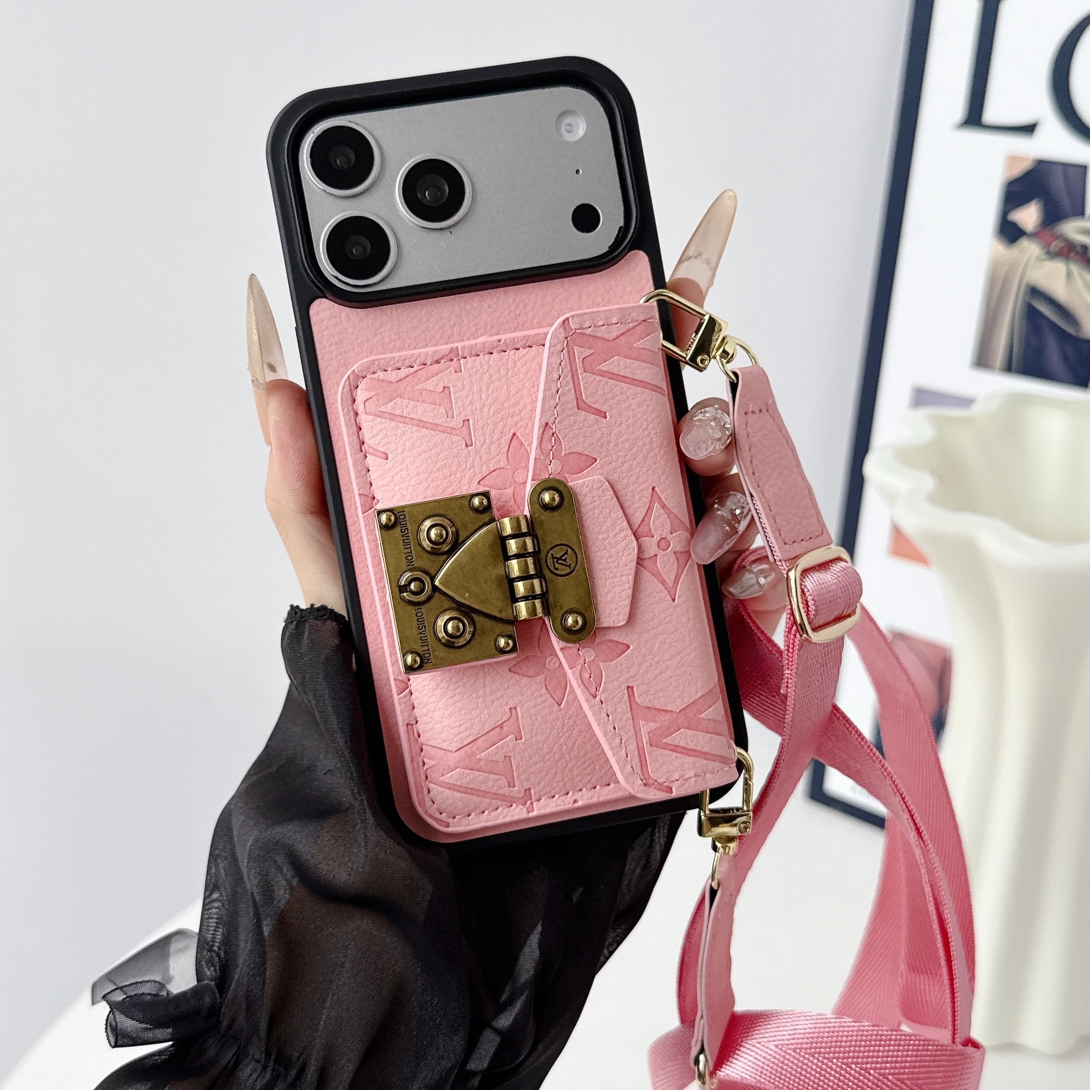 Louis Vuitton Leather iPhone Wallet Case with Crossbody Strap