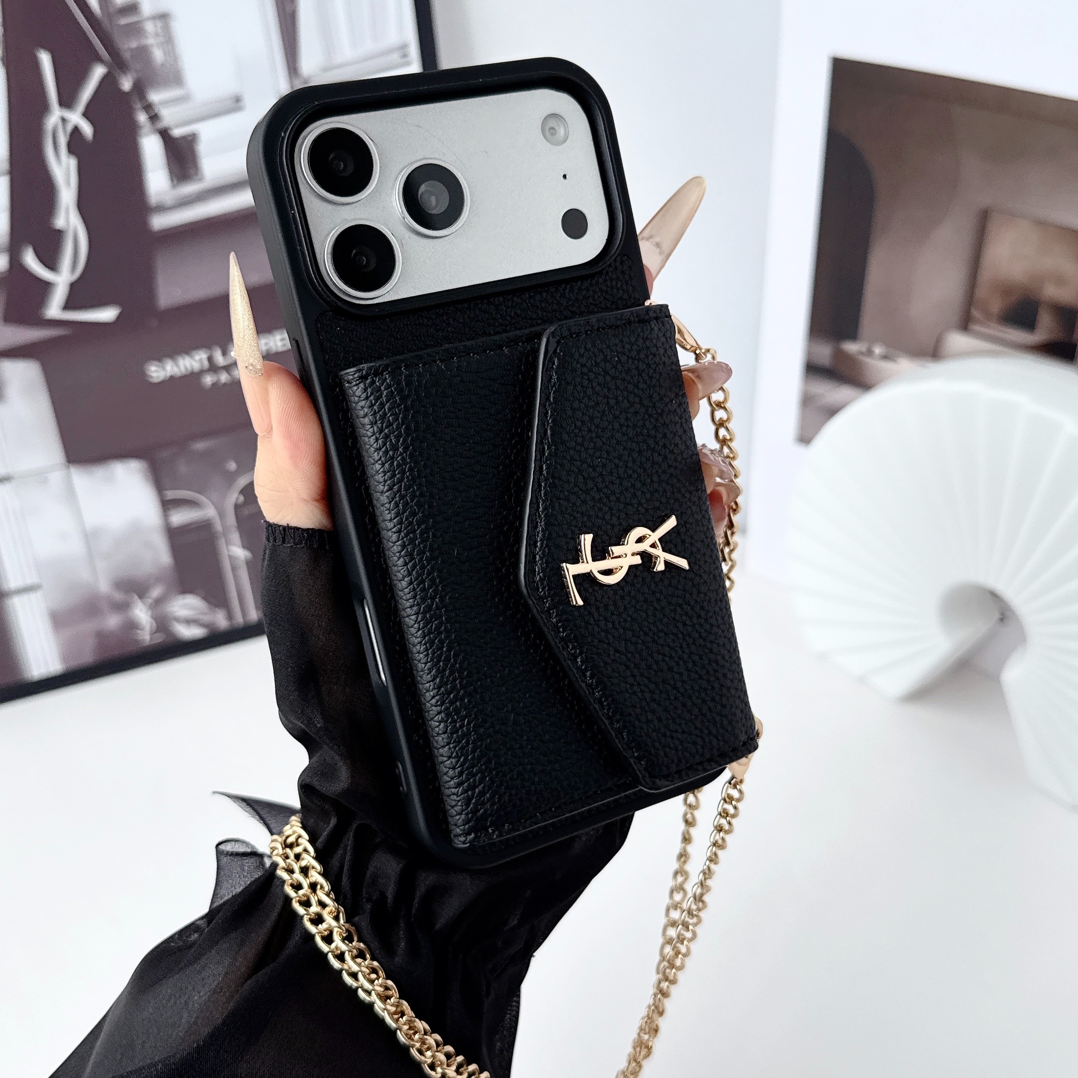 YSL Leather iPhone Wallet Case with Metal Crossbody Strap