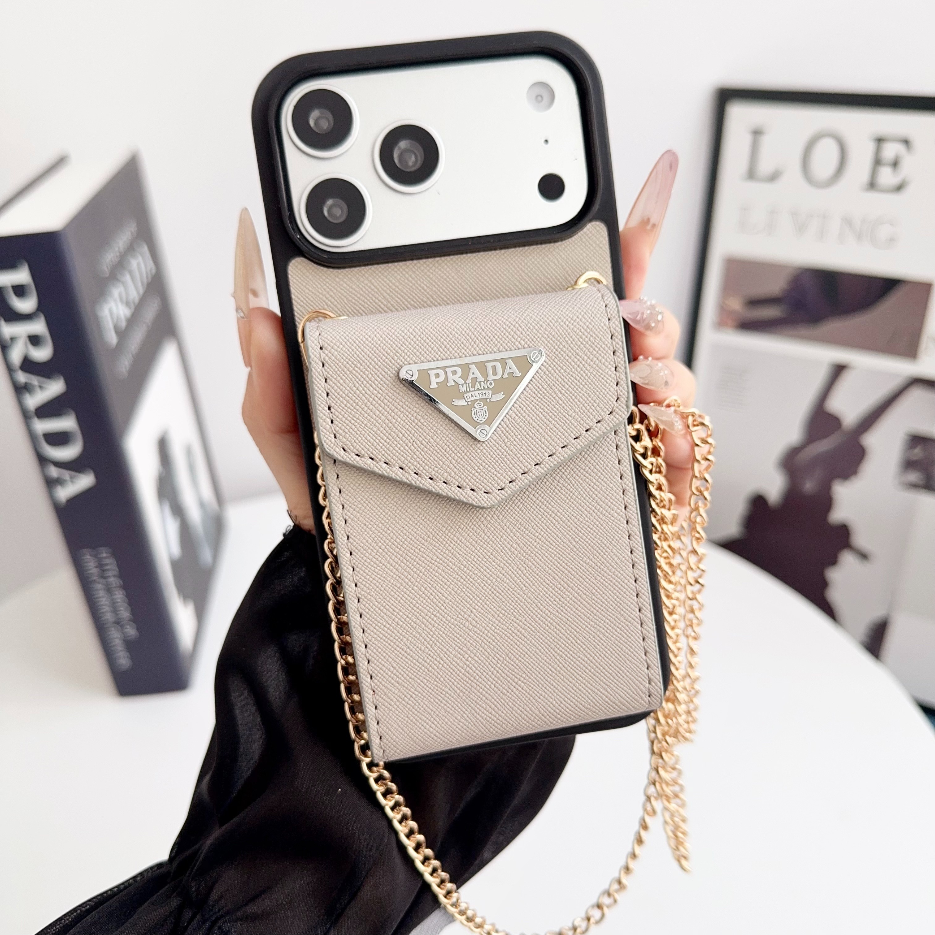 Prada Leather iPhone Wallet Case with Metal Crossbody Strap