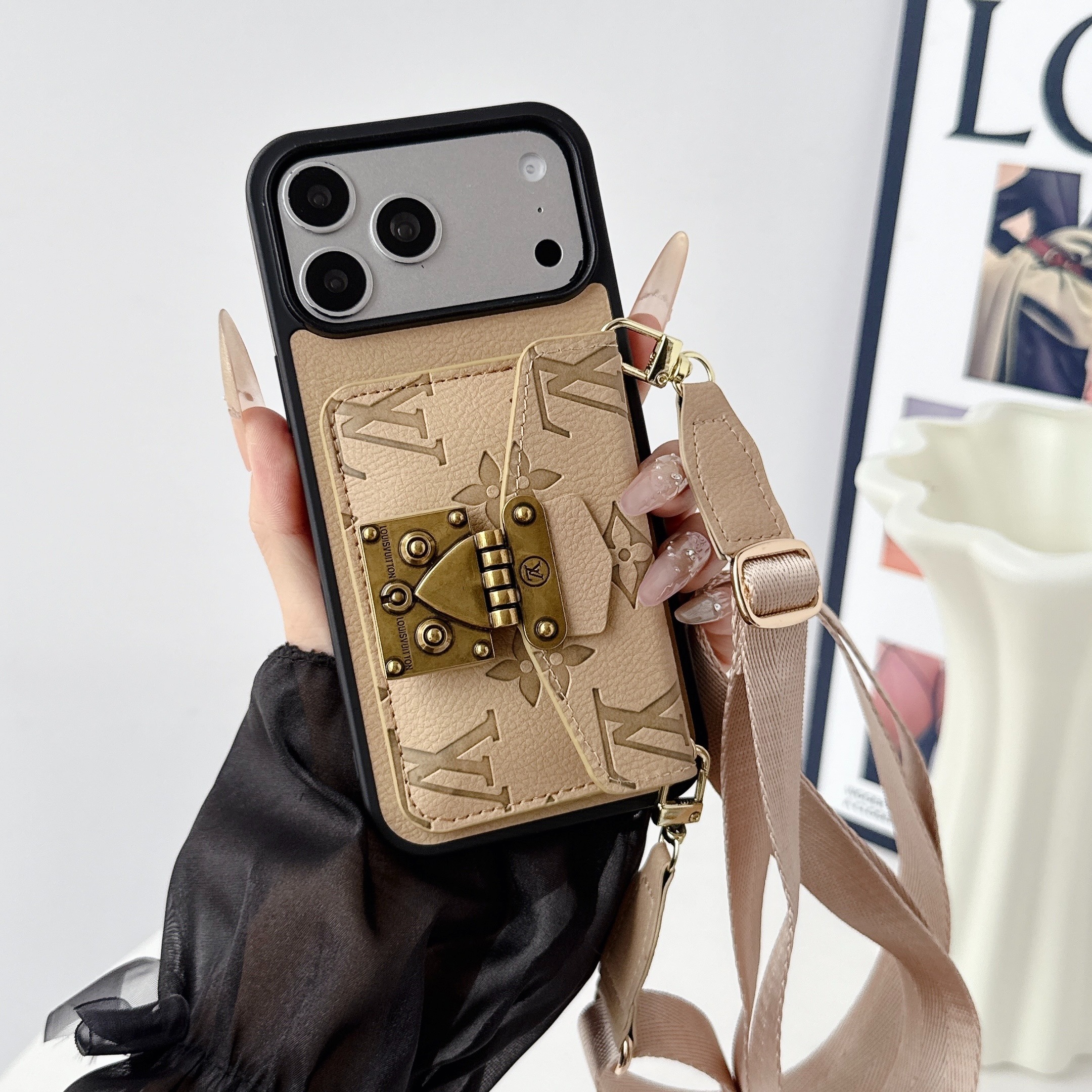 Louis Vuitton Leather iPhone Wallet Case with Crossbody Strap