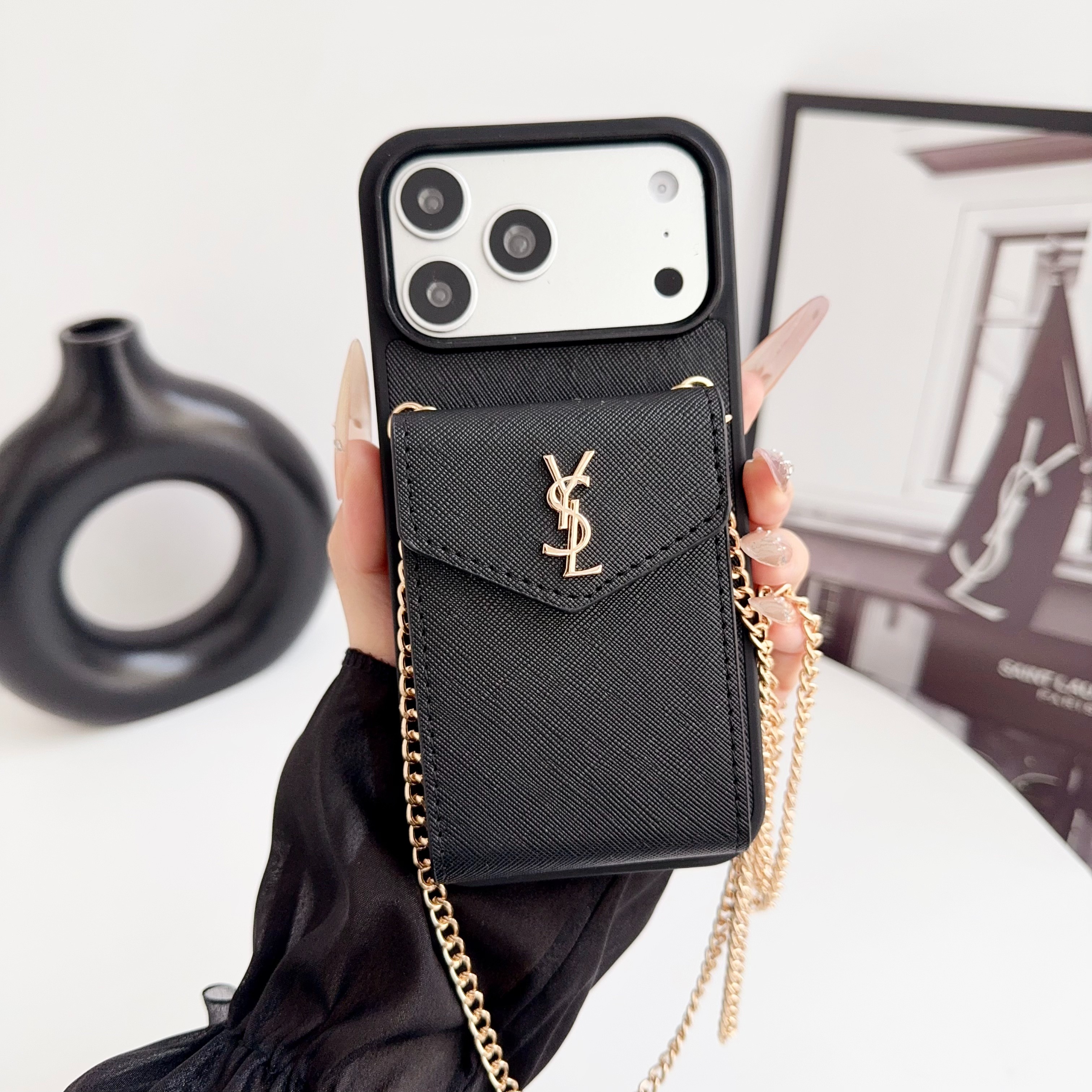 YSL Leather iPhone Wallet Case with Metal Crossbody Strap