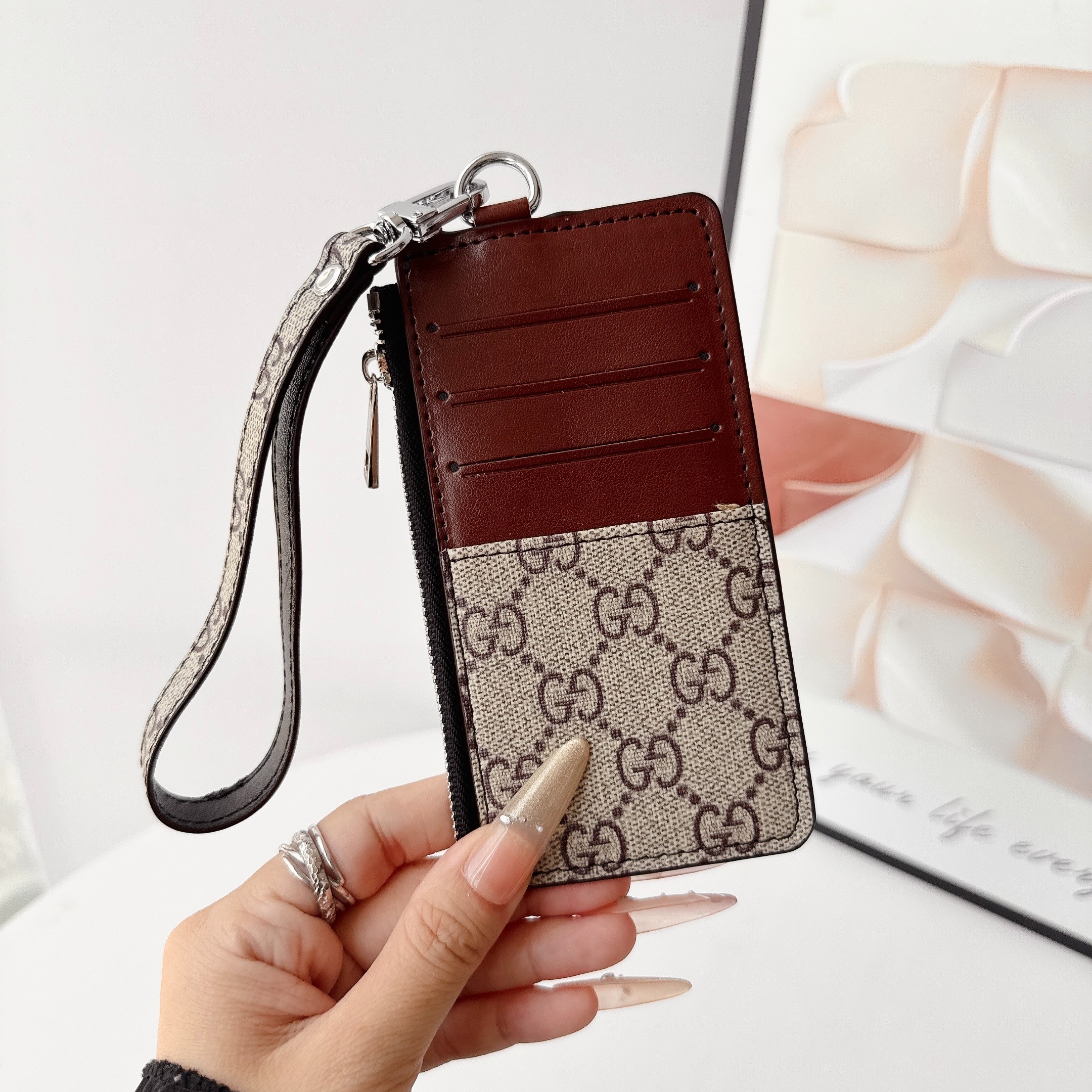 Louis Vuitton&Gucci Luxury Leather Zipper Wallet Card Holder & Coin Purse With Bracelet
