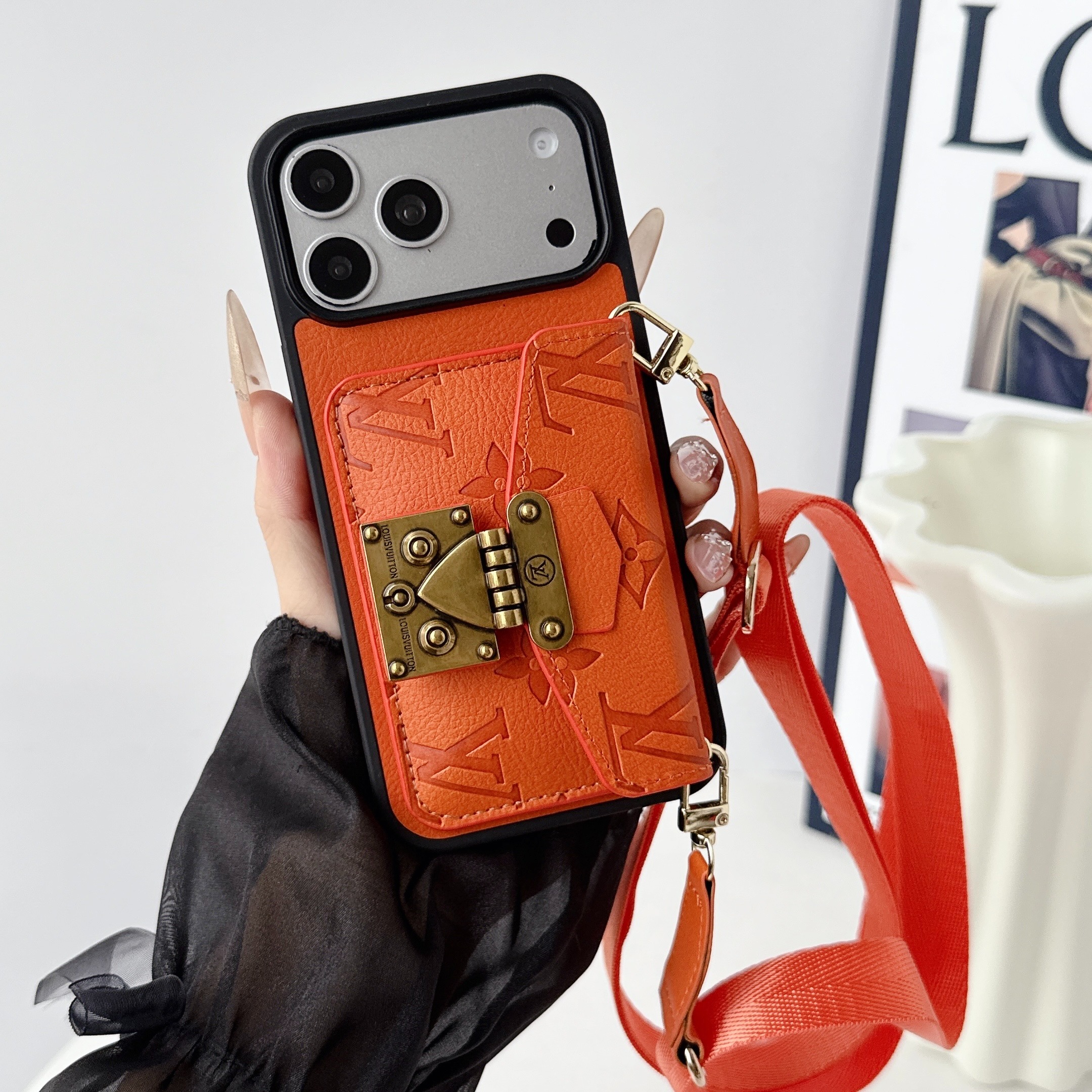 Louis Vuitton Leather iPhone Wallet Case with Crossbody Strap