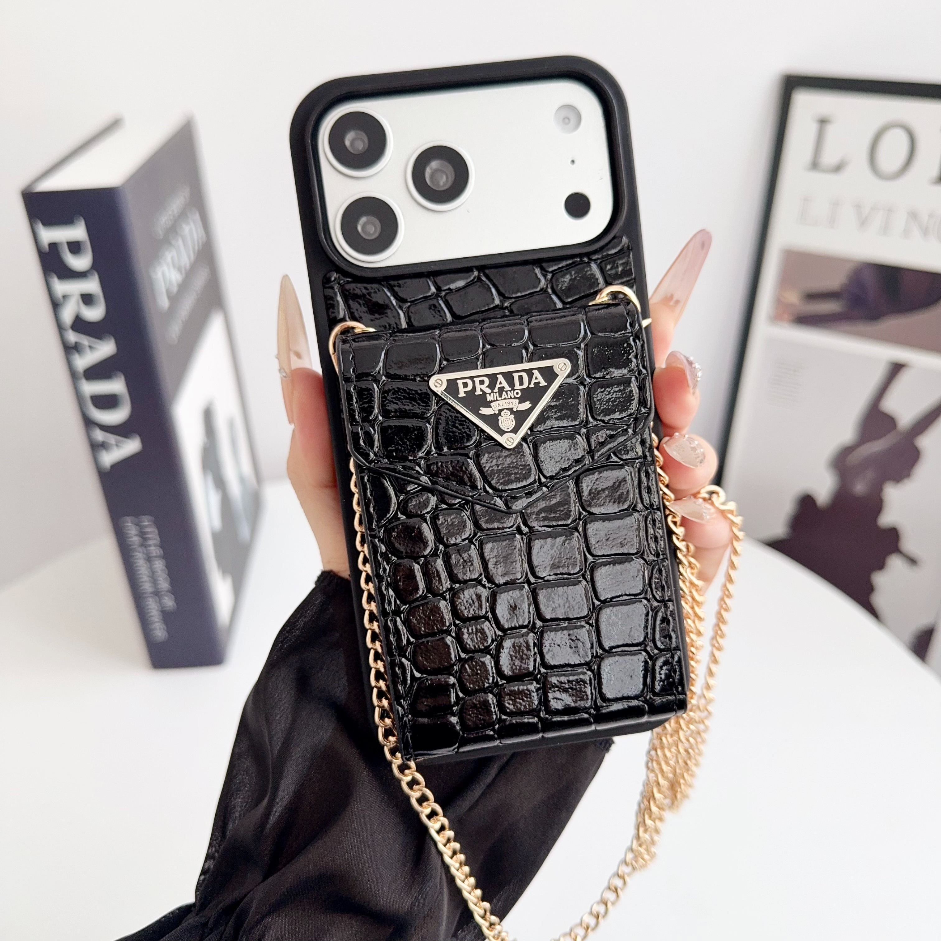 Prada Leather iPhone Wallet Case with Metal Crossbody Strap
